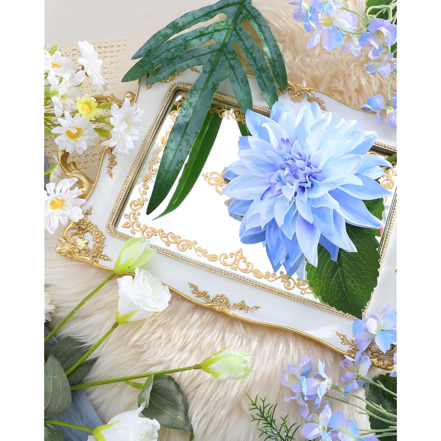 Fake Artificial Flowers Bouquet,Faux Silk Dahlia Flower Bouquet Floral Arrangement Fake Plant Decor For Tables Centerpieces,Home Office Party Wedding Decor(Blue)