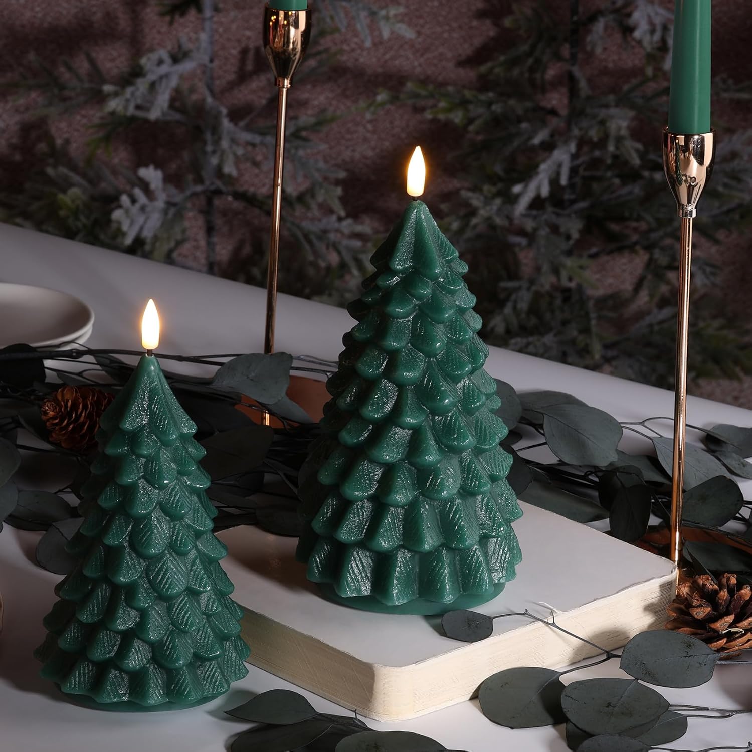 Green Christmas Tree Candles With Remote, Real Wax Flickering Flameless Led Candles Set Of 2