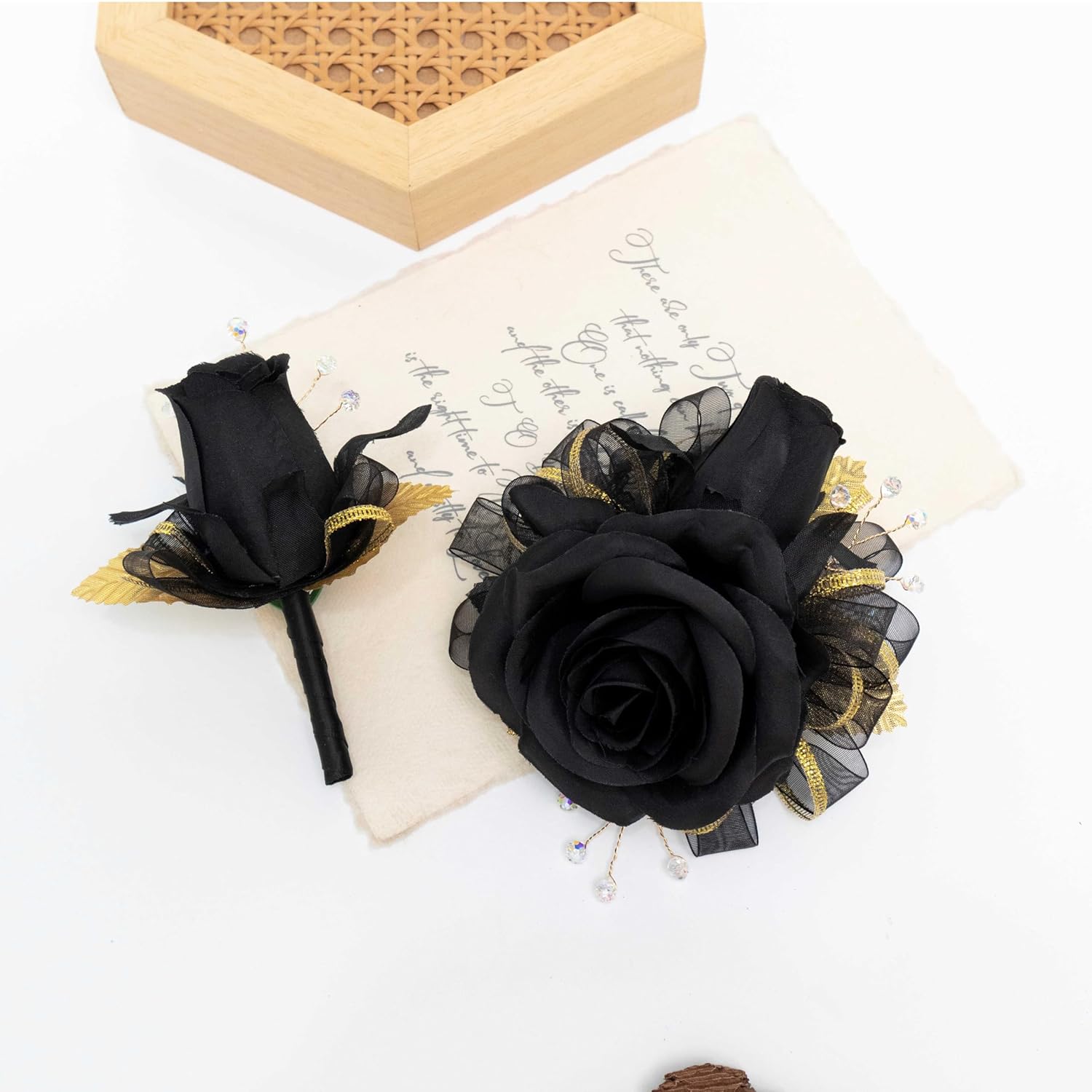 Black Rose Corsage And Boutonniere Set Prom Flower Wrist Corsage Wristlet And Boutonniere Set For Wedding Homecoming Party Decor