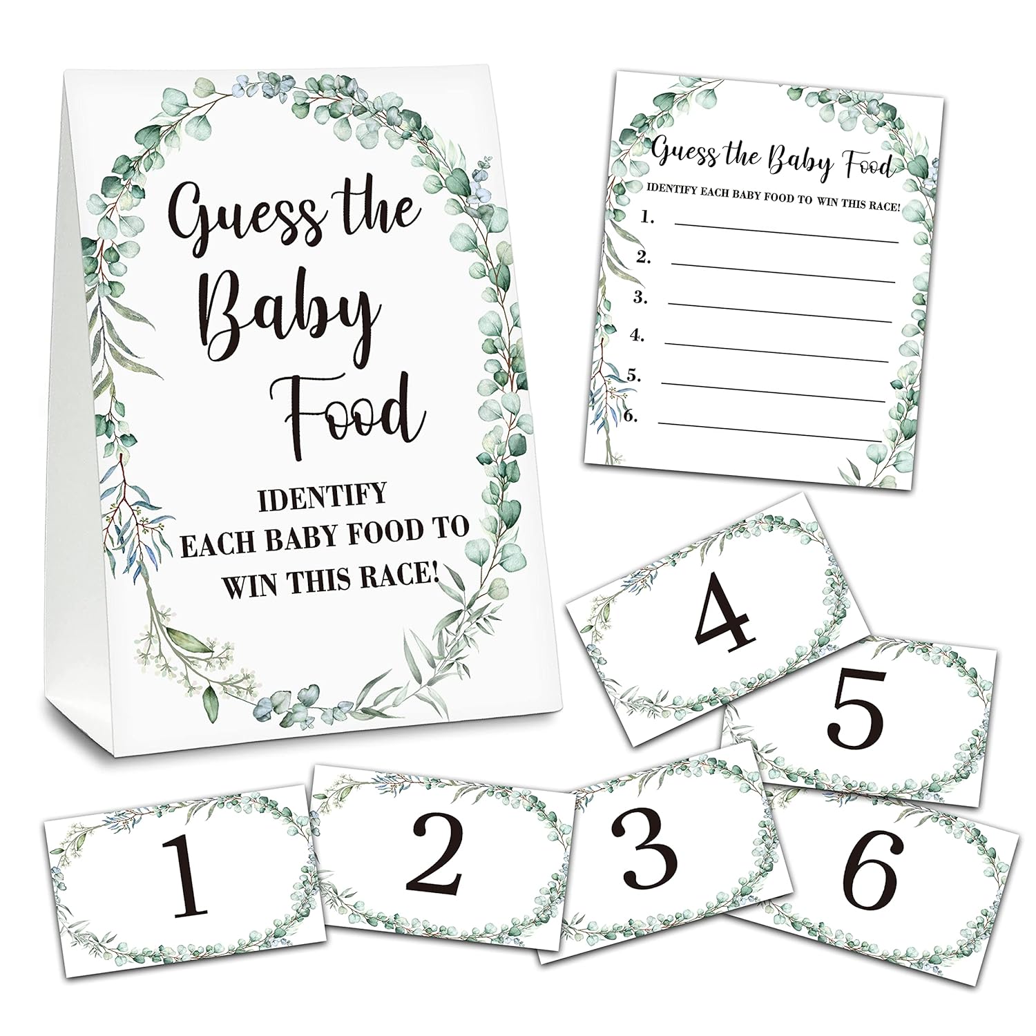 Greenery Baby Shower Party Game Set, Guess The Baby Food, 1 Standing Sign With 25 Answer Cards & 6 Number Cards, Gender Reveal Party Game Decoration Supplies(5"X7") - Food-D01