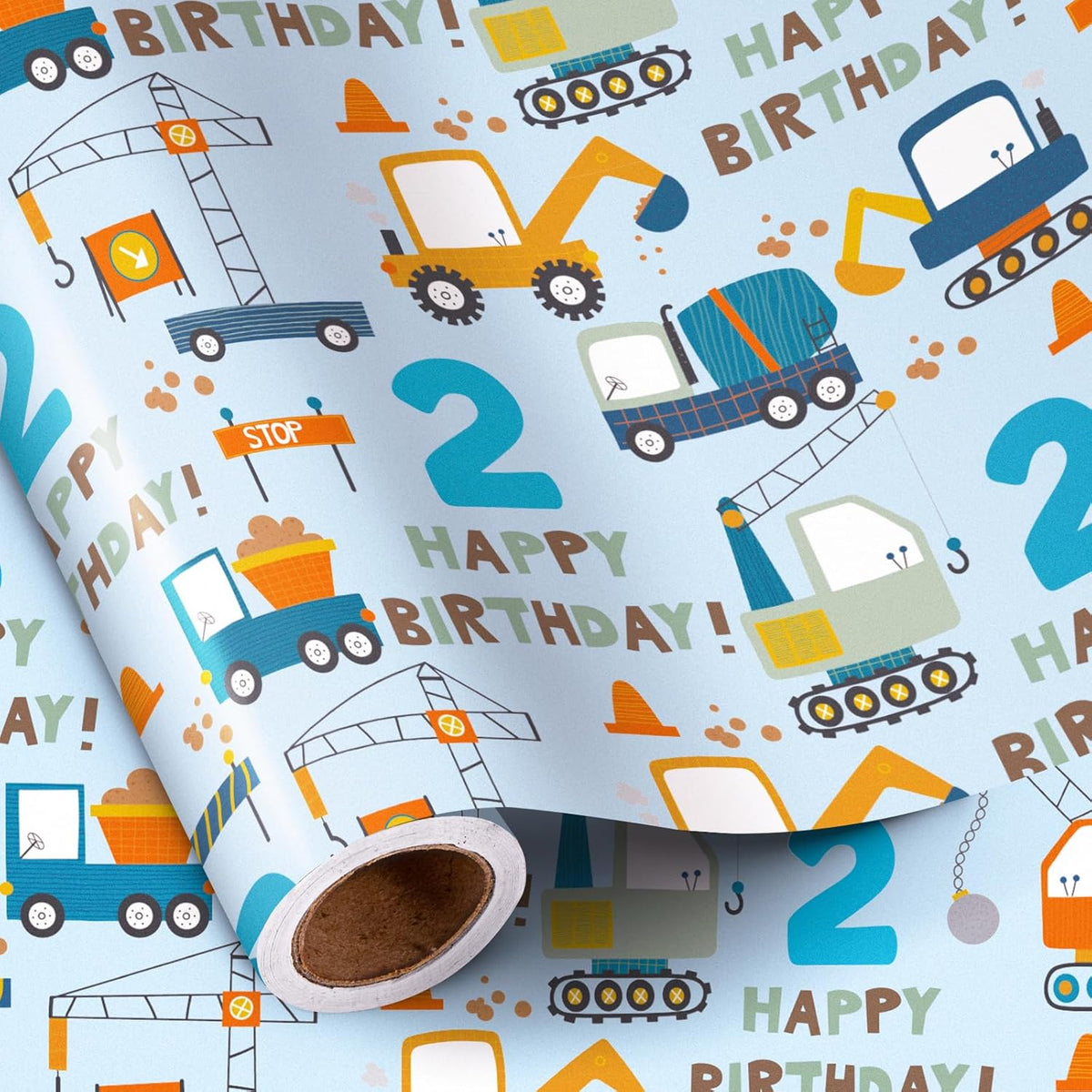 2Nd Birthday Wrapping Paper - Blue Cartoon Cars Trucks - 17 Inches X 16.4 Feet - Perfect For Boys' Birthday Parties