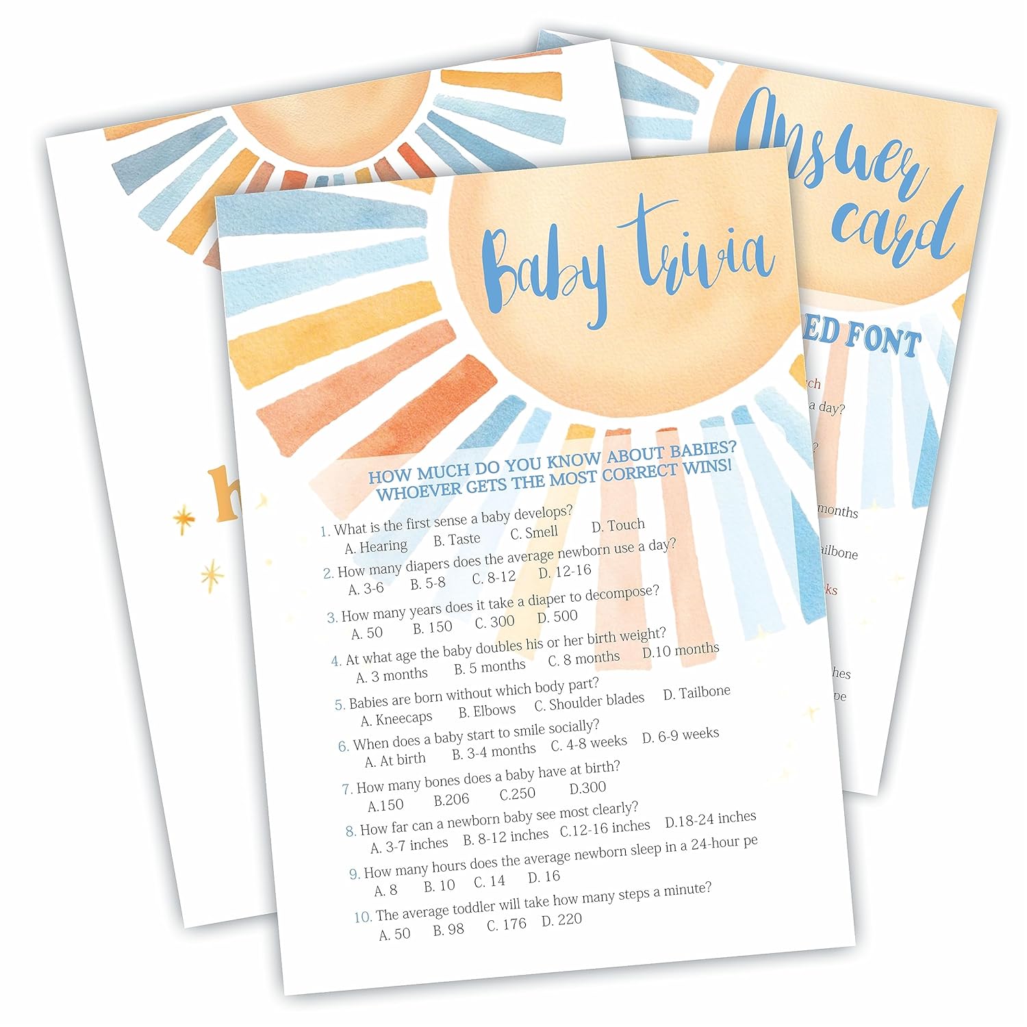 Trivia Game Set - Retro Sunshine Theme Baby Shower Party Activities - Watercolor Sun Baby Shower Game Kit, Gender Reveal, Announcement Party & Supplies - A06