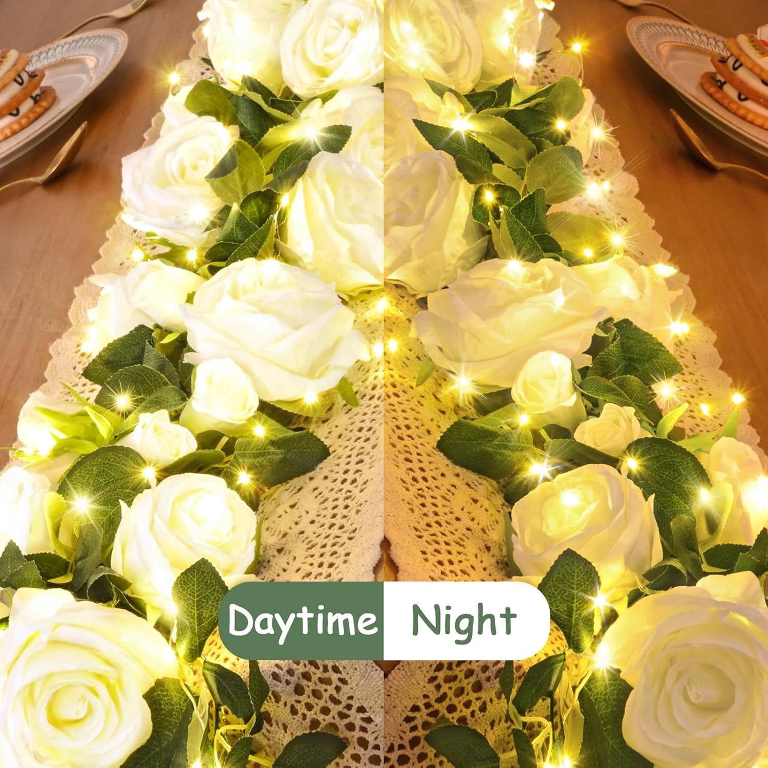 2 Pcs Flower Garland With 19.6 Ft Lights, 13.2 Ft White Floral Garland Fake Flowers For Home Wedding Party Wall Garden Room Outdoor Decor