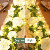 2 Pcs Flower Garland With 19.6 Ft Lights, 13.2 Ft White Floral Garland Fake Flowers For Home Wedding Party Wall Garden Room Outdoor Decor