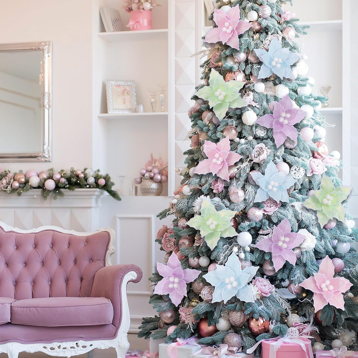 20 Pcs Christmas Pastel Poinsettia Artificial Flowers 6 Inch Candyland Xmas Tree Ornaments Decorations For Christmas New Year Wedding Party Wreath Garland Crafts Decor