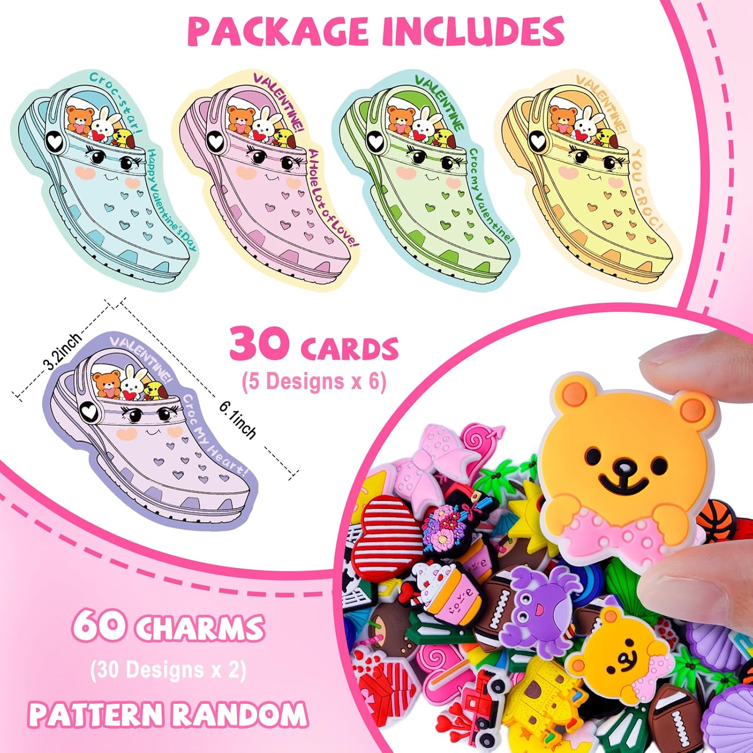 Valentines Day Cards For Kids School Classroom, 30Pcs Valentine'S Cards With 60 Shoe Charms For Boys & Girls, Valentine Classroom Exchange Gift Party Favors