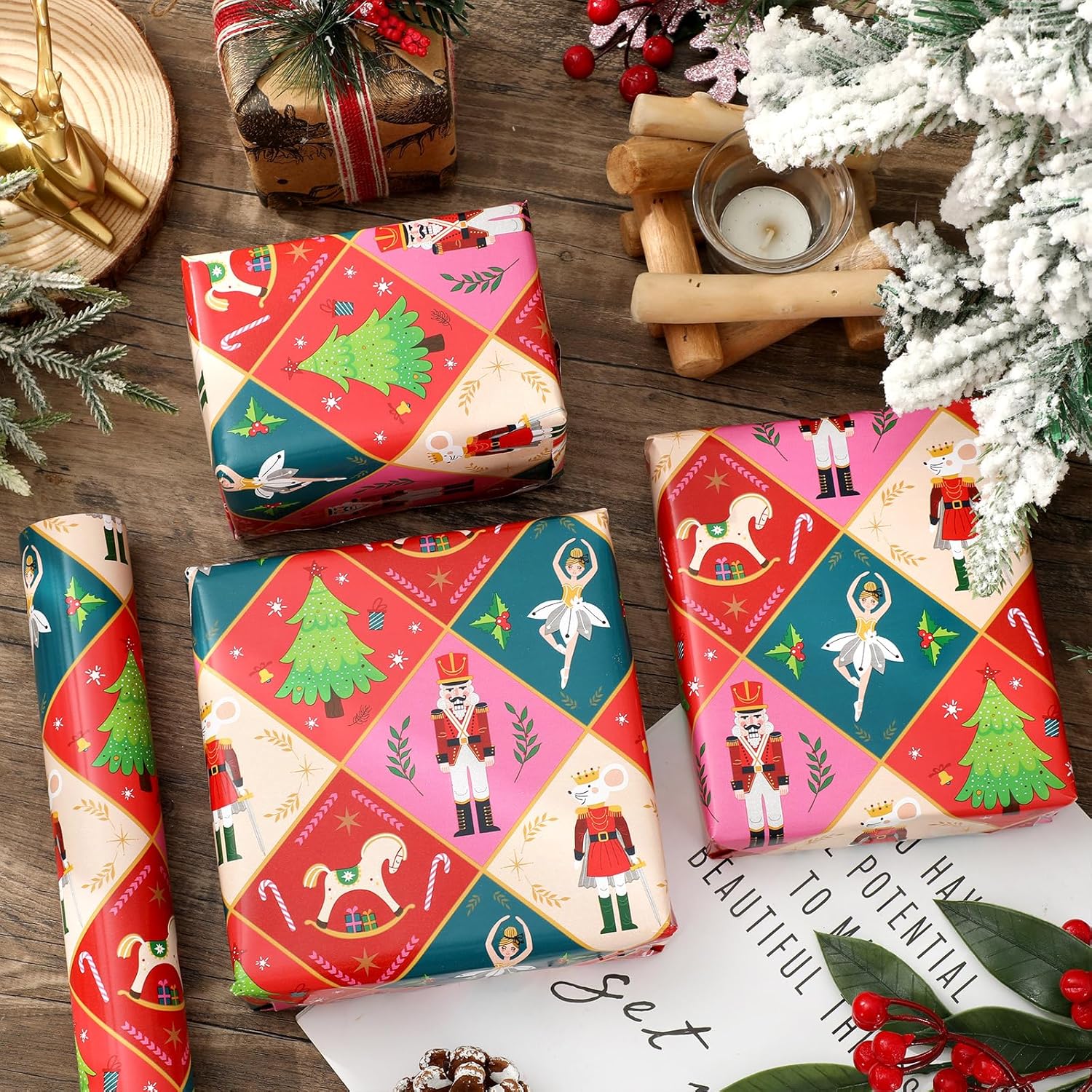 Christmas Nutcracker Wrapping Paper -Mini Roll- 17 In X 32.8 Ft Red Ballet Gift Wrap Paper For Xmas Winter Wrapping Supplies, Double-Sided