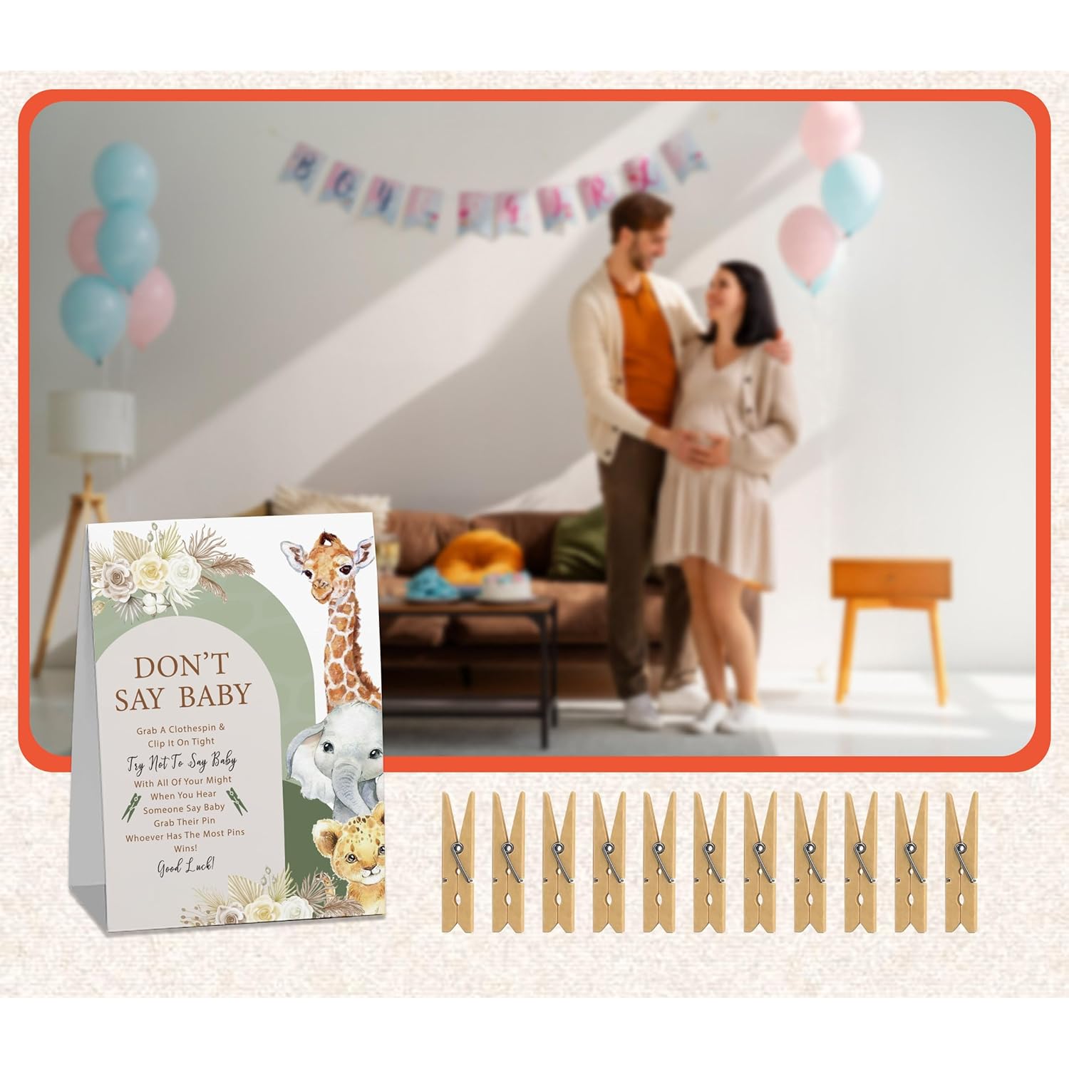Boho Safari Baby Shower Games, Don'T Say Baby Game For Baby Shower (One Sign With 50 Mini Clothespins), Pampas Grass Wild Animals Theme Baby Shower Decorations, Gender Reveal Game-Dsbb20