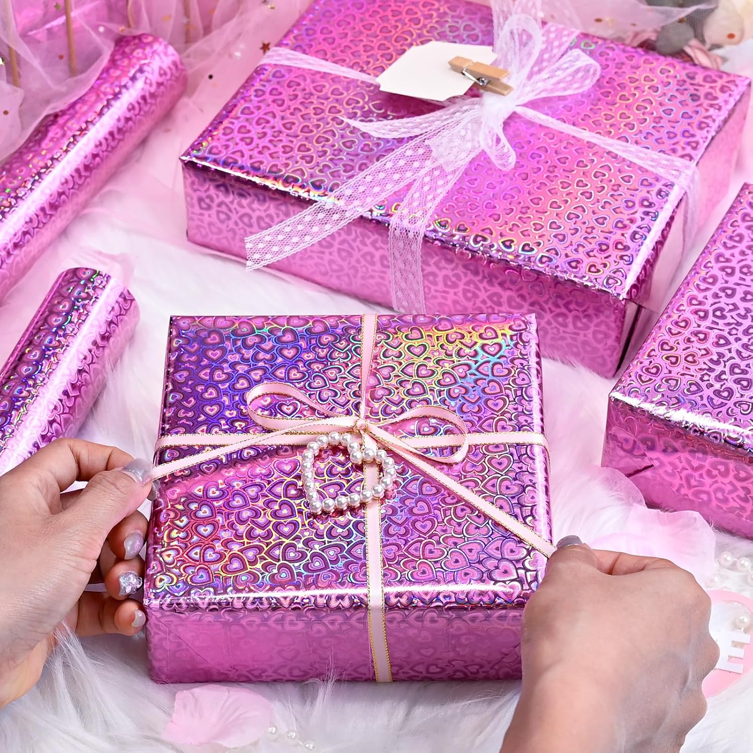 Holographic Heart Wrapping Paper Roll, Girly Romantic Metallic Pink Rainbow Birthday Wrapping Paper For Valentine'S Day, Wedding, Anniversary, Christmas, Party, Celebration (17In X 33Ft)