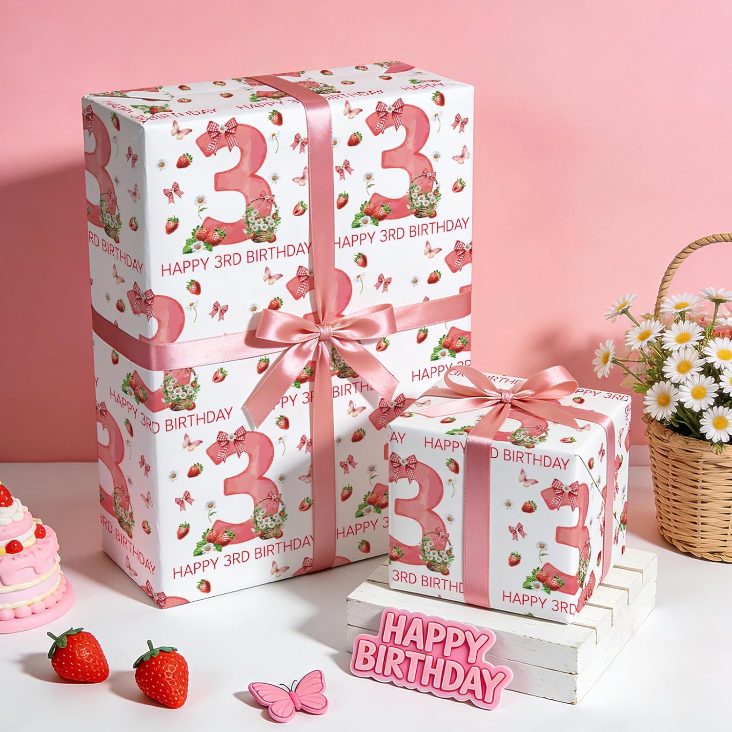 Berry 3Rd Birthday Wrapping Paper Roll - Mini Roll - 17 Inch X 16.5 Feet - Happy 3Rd Birthday Pink Bow And Strawberry Wrapping Paper For Girls Kids, Baby Shower