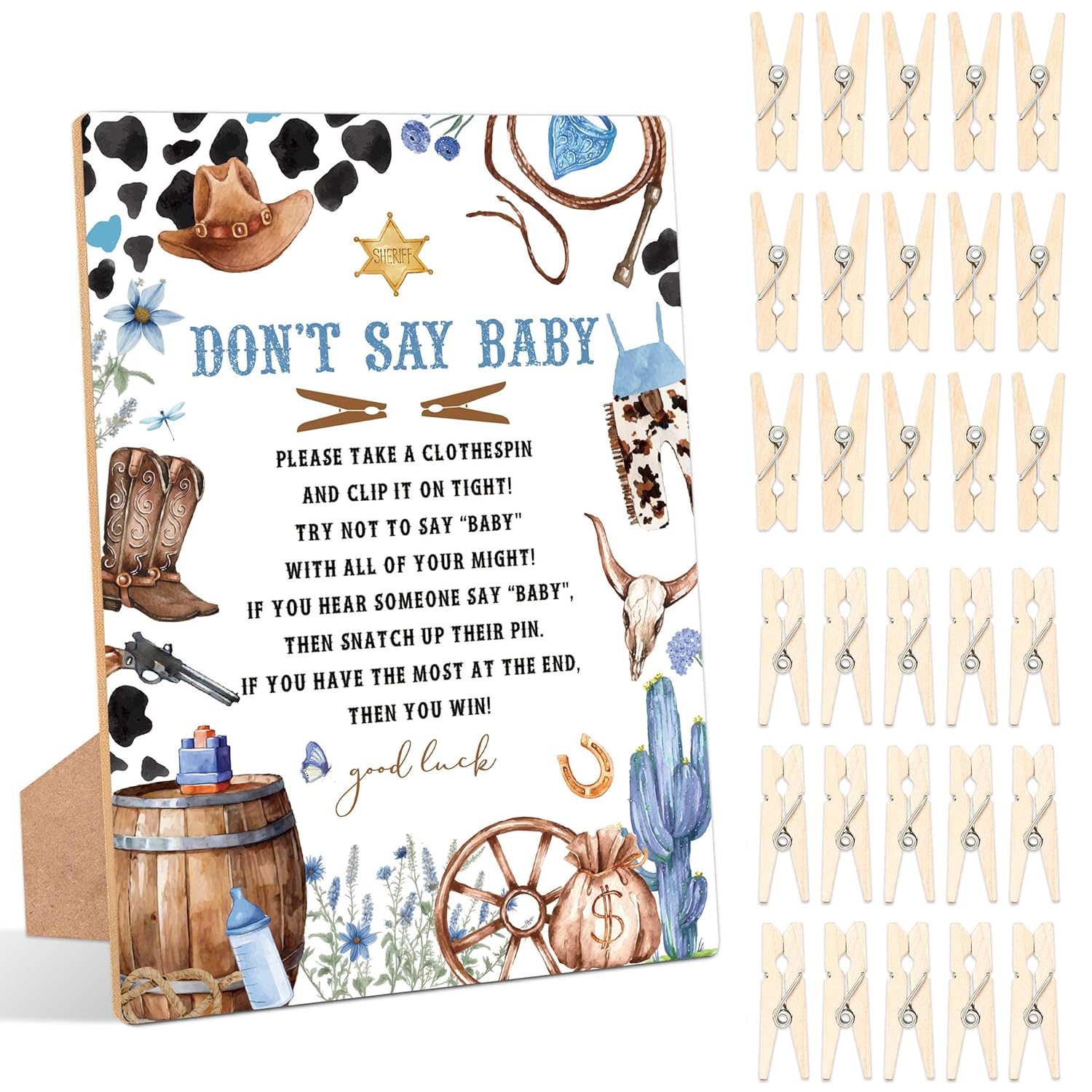 Cowboy Don'T Say Baby Clothespin Game, Pack Of 1 Wooden Tabletop Sign With Stand And 50 Mini Natural Clothespins, Wild West Rodeo Baby Shower Game, Gender Reveal Party Decorations - Qx11