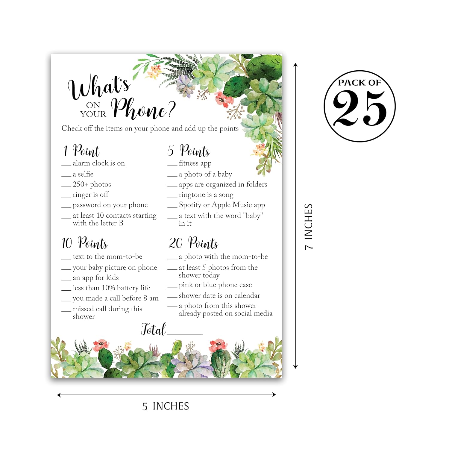 Succulents Baby Shower Games — What'S On Your Phone Game — Pack Of 25 — Gender Neutral Succulent Greenery Co-Ed Couples Shower Activity, Gender Reveal Party G300-Phn