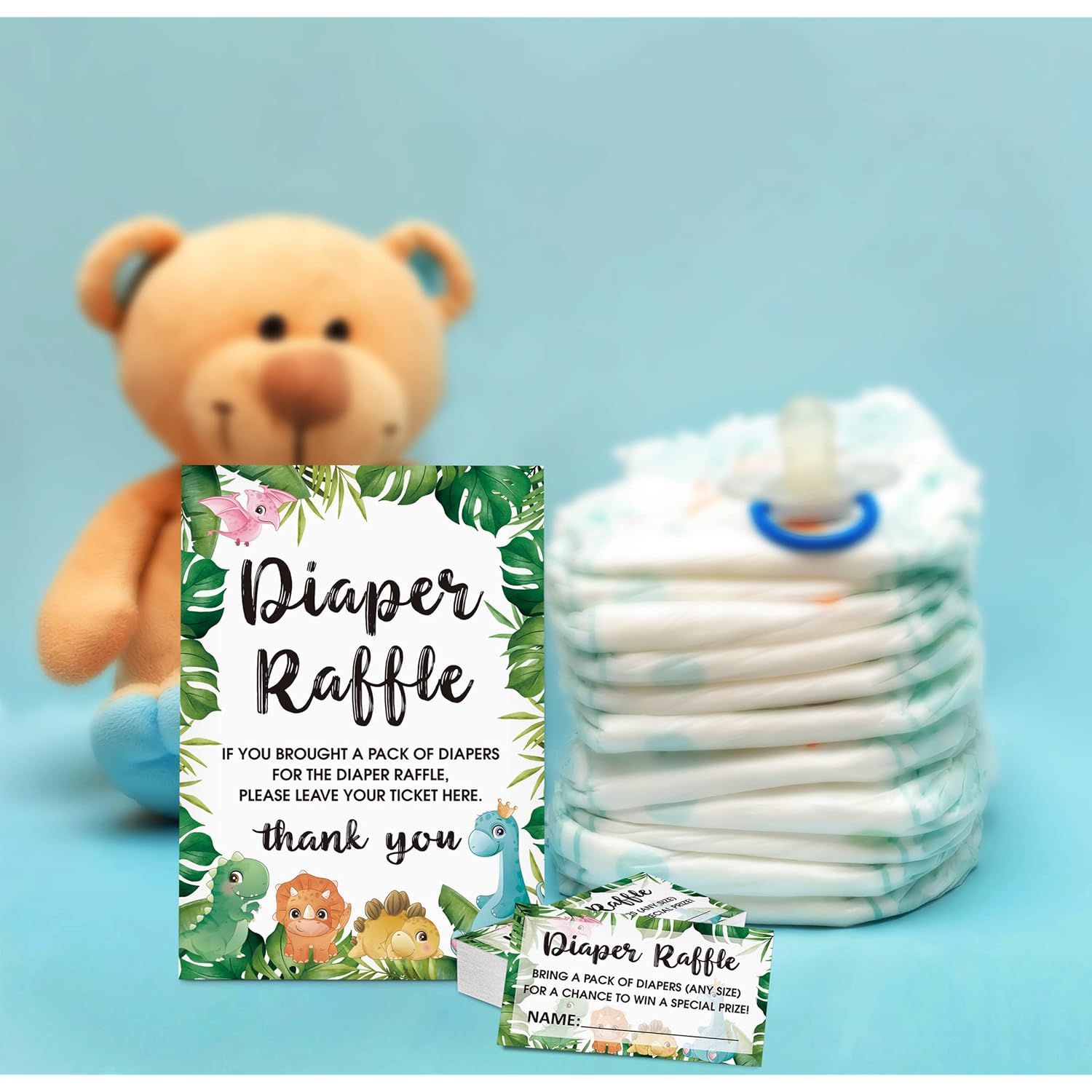 Diaper Raffle Baby Shower Game Set(1 Standing Sign + 50 Finding Cards), Dinosaur Theme Diaper Raffle Tickets For Baby Shower, Safari Jungle Gender Reveal Party Favor Decor - A19