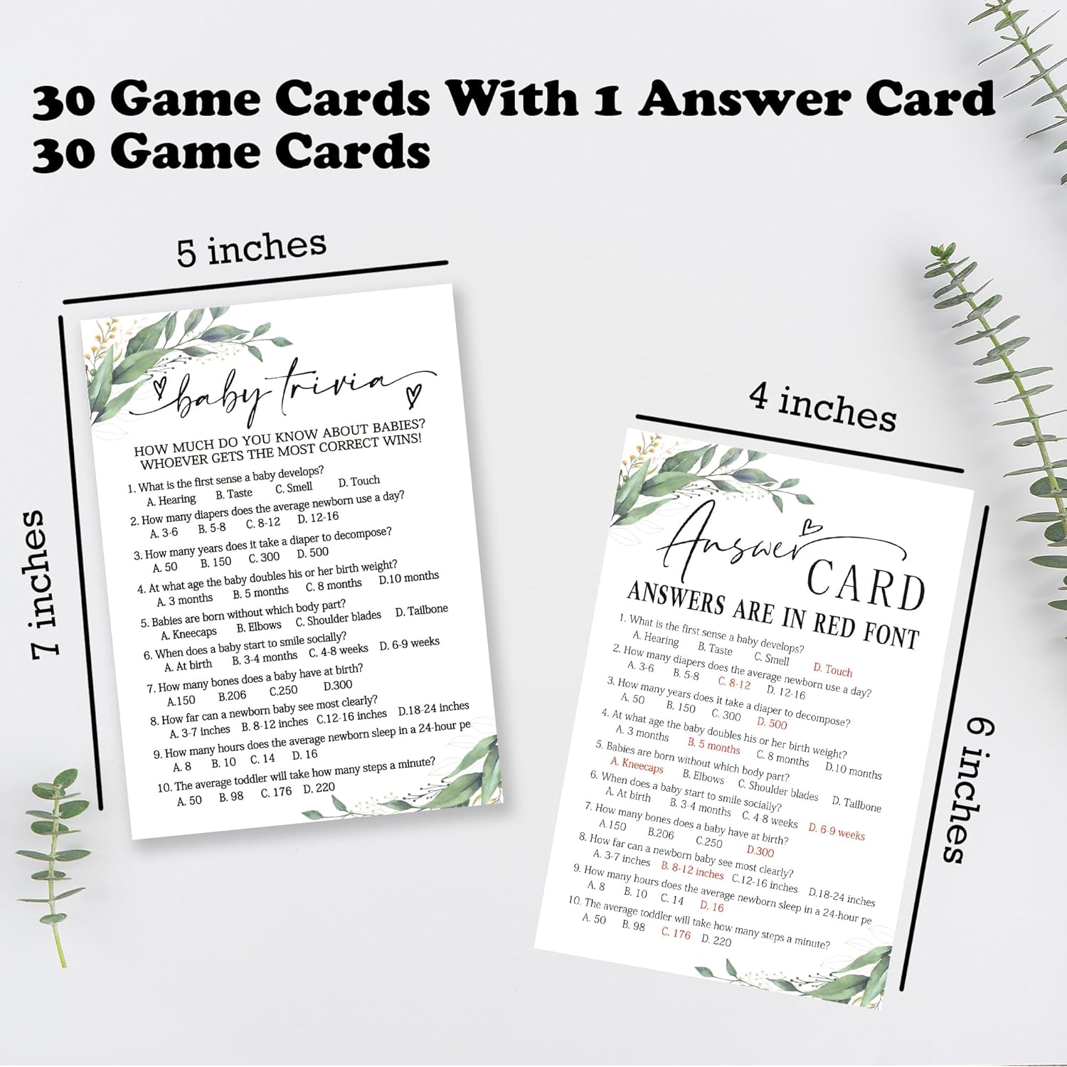 Trivia Baby Shower Games, 30 Greenery And White Game Cards For Girl Boy With 1 Answer Card, Gender Reveal Games, Baby Announcement,Party Favor & Supplies-B13