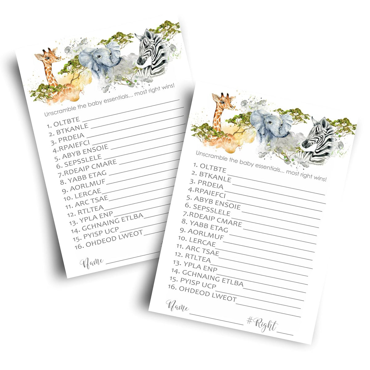 Jungle Baby Shower Games - Gender Neutral Word Scramble - Fun Activities For Guests With Prizes - Safari Animal Theme - Ideal For Boys Or Girls - 25 Pack