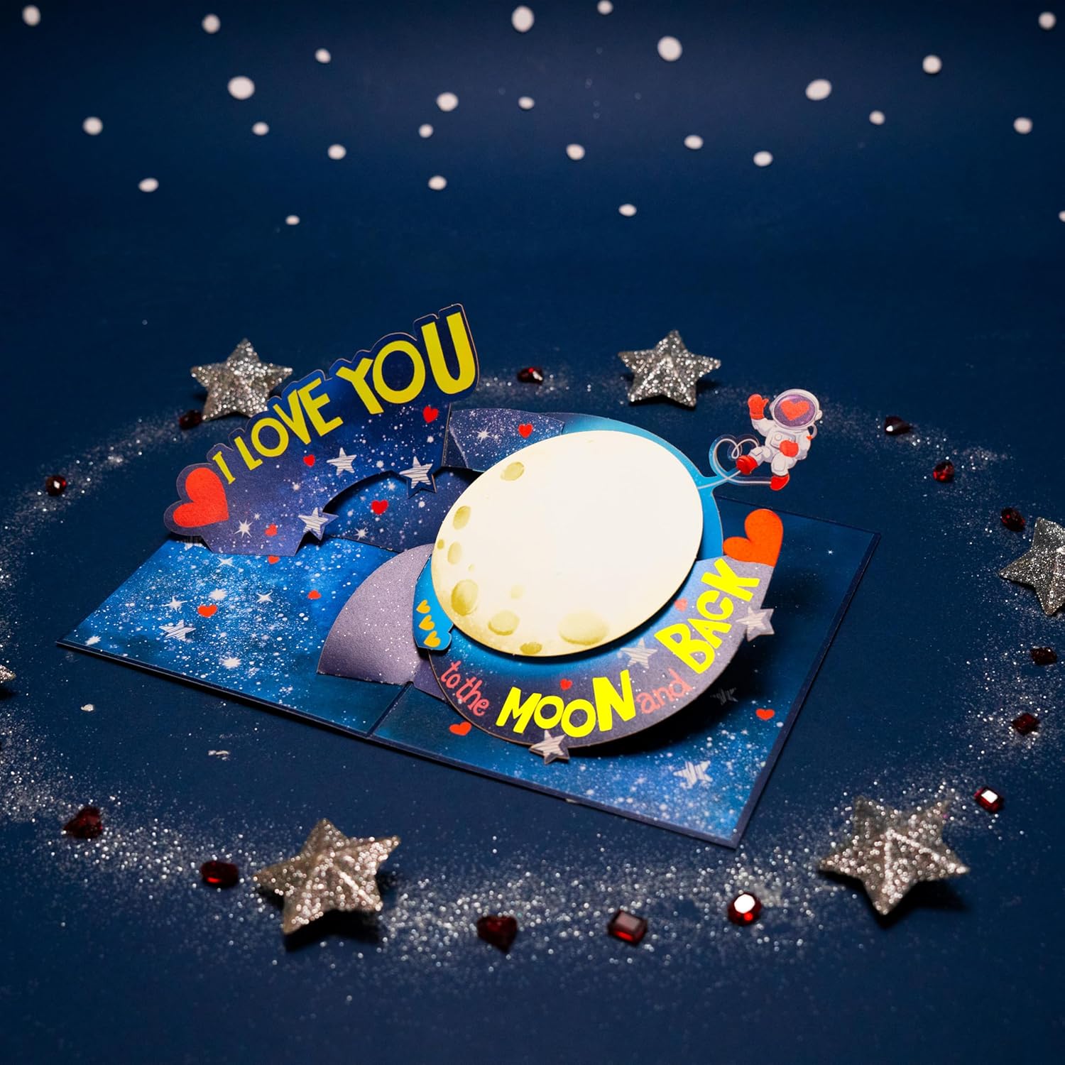 Love You To The Moon And Back Pop Up Card, Astronaus, Heart, Star, 3D Popup Greeting Cards, Gift For Valentines, Birthday, Mothers Day, Anniversary, 5X7 - Includes Envelope And Message Note