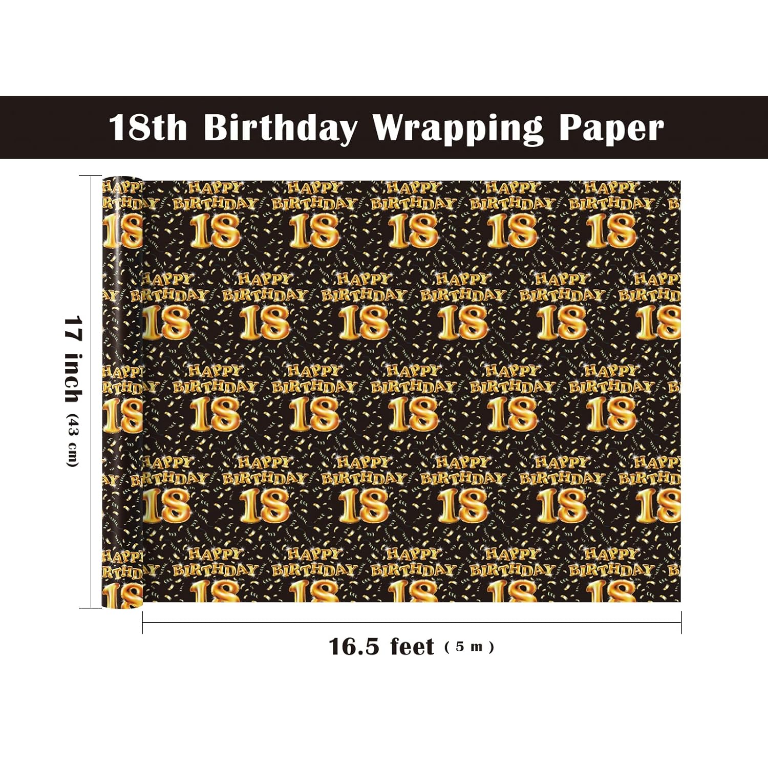 18Th Birthday Wrapping Paper Roll - Mini Roll - 17 Inch X 16.5 Feet - Black And Gold Balloons Happy Birthday Wrapping Paper Perfect For Boys, Party, Holiday
