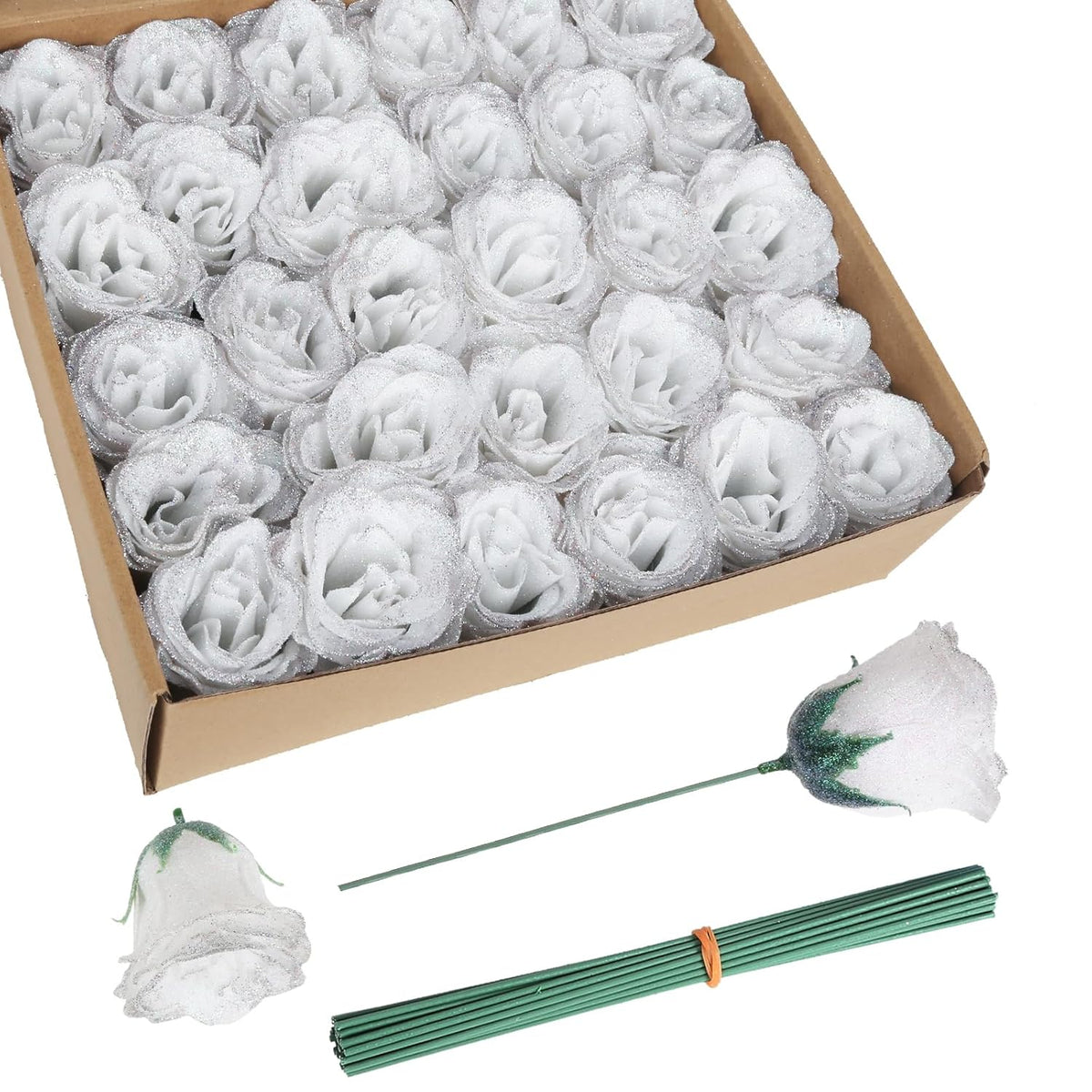 Artificial Roses,30Pcs White Roses Glitter Roses Artificial Flowers For Crafts Wedding Bouquet Home Decoration(White With Silver Glitter)