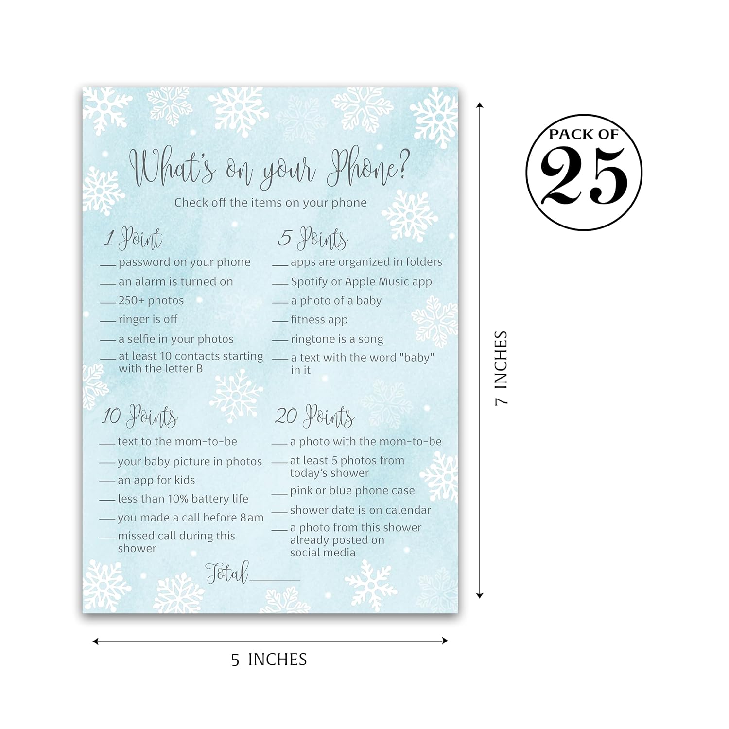 Snowflakes Boy Baby Shower Games — What'S On Your Phone Game — Pack Of 25 —Winter Wonderland Baby Shower Activity, Baby It’S Cold Outside Frost Holiday Blue Couples Co-Ed Shower G781-Phn