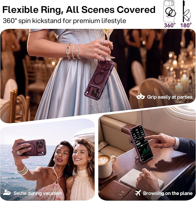 Glossy Burgundy iPhone 18 Pro Case with 360 Spin Magnetic Stand