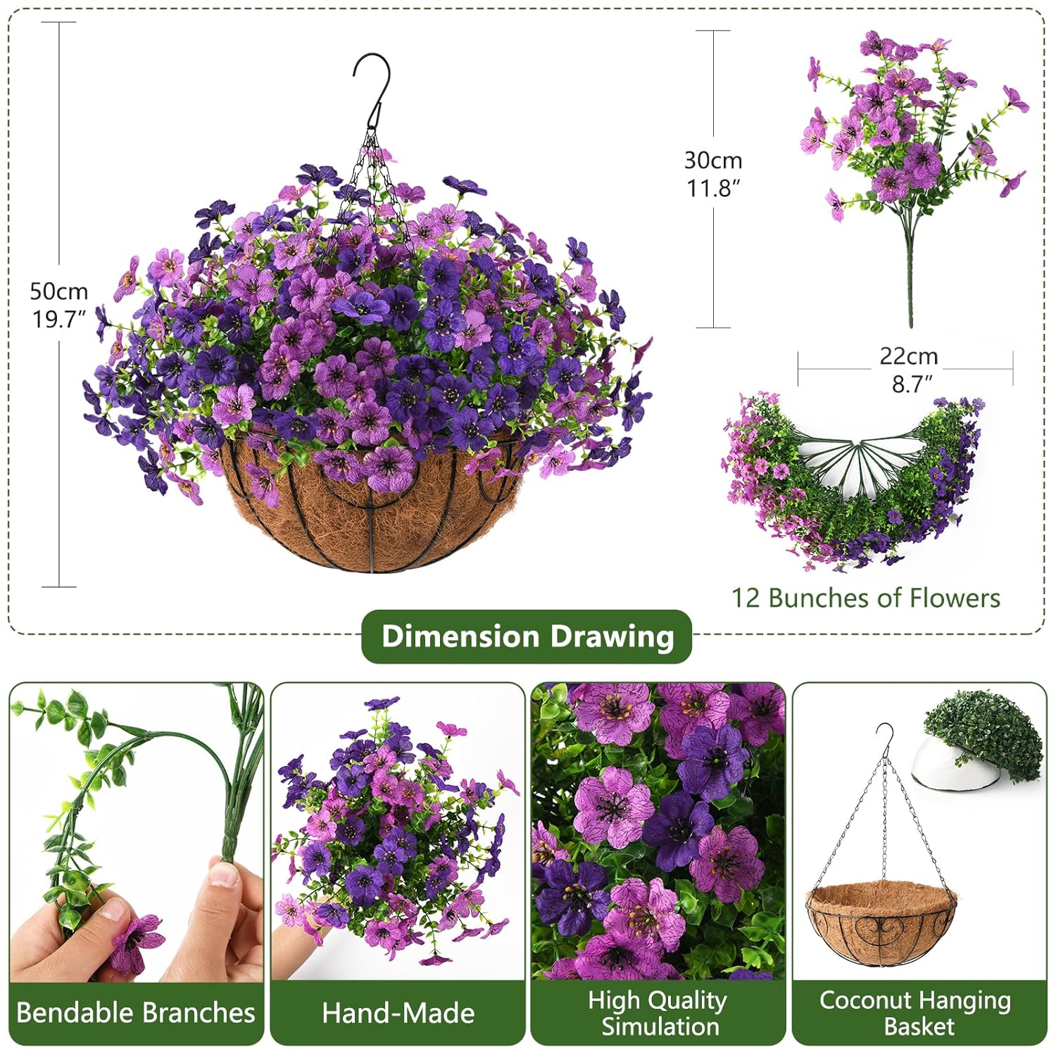 Artificial Faux Hanging Baskets Flowers Plants For Outdoor Spring Decoration, Fake Silk Daisy Outside Indoor Uv Resistant Look Real Yard Patio Front Porch Garden Balcony Home Decor(Double Purple)