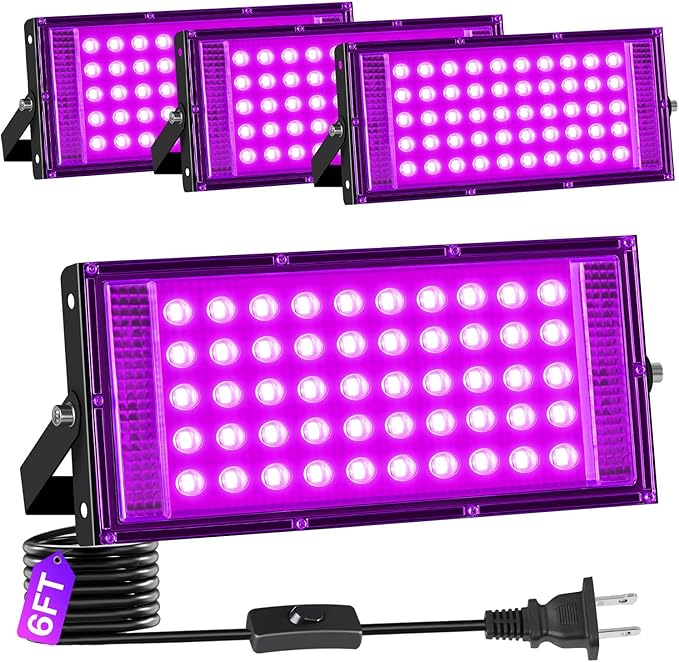 4 Pack 50W LED Black Light Flood Light IP66 Waterproof Outdoor UV Spotlight for Glow Party Halloween Body Paint Decor