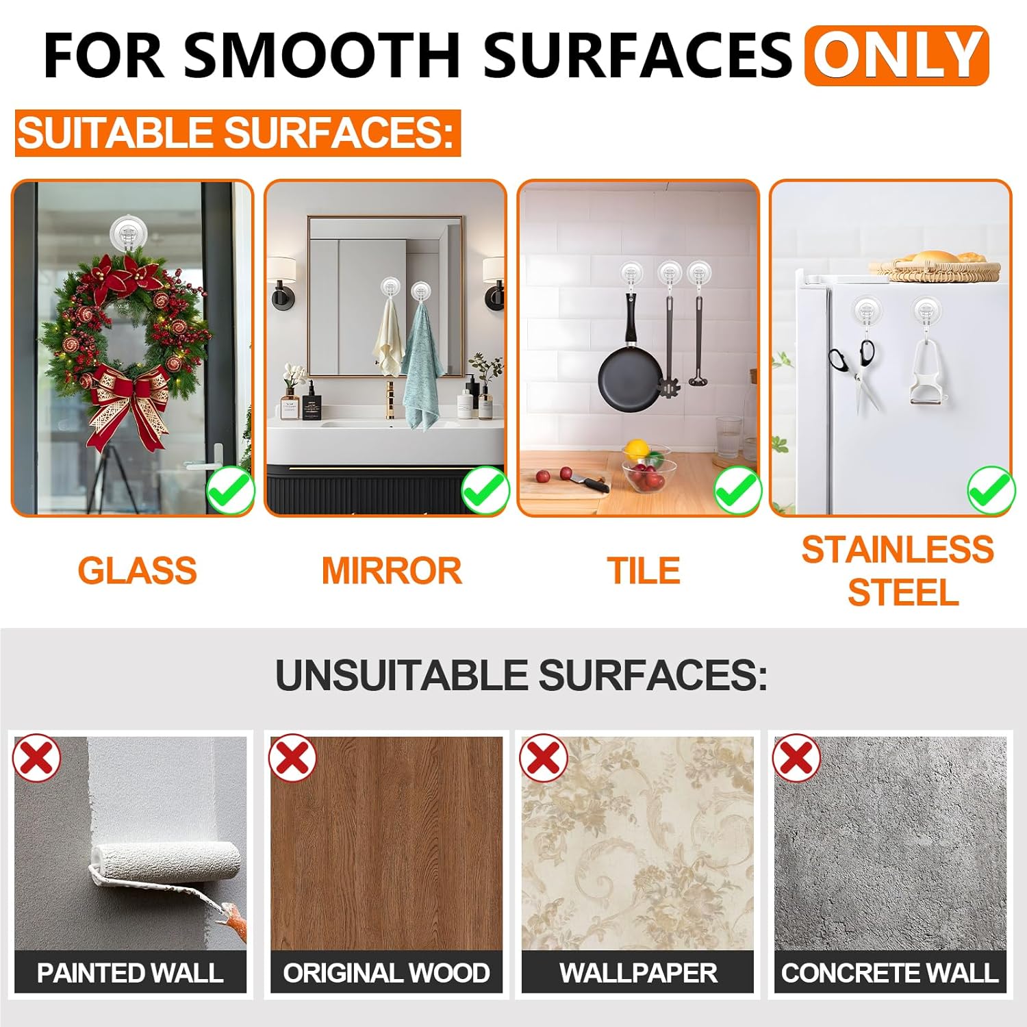 Suction Cup Hooks For Shower-Max Load 10 Lb, No Trace, Reusable & Removable, Small Clear Suction Hooks, For Tile, Glass, Window, Kitchen, Bathroom, Christmas Decor, Wreath, Lights, 2 Pack