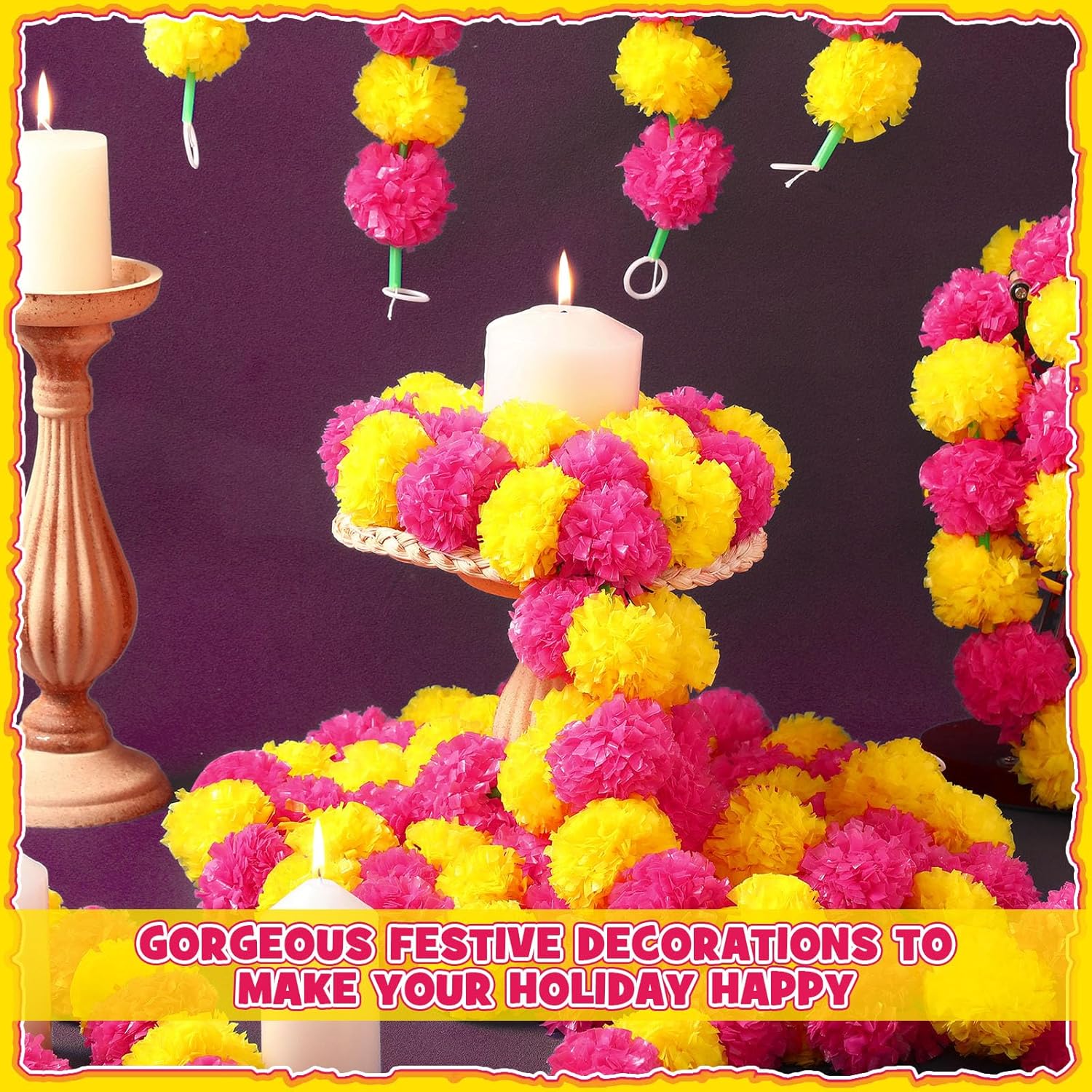 10 Pcs 5 Ft Marigold Garland Day Of The Dead Artificial Marigold Flowers Garland For Wedding Indian Diwali Decoration, Dia De Los Muertos Decoration (Yellow And Purple)