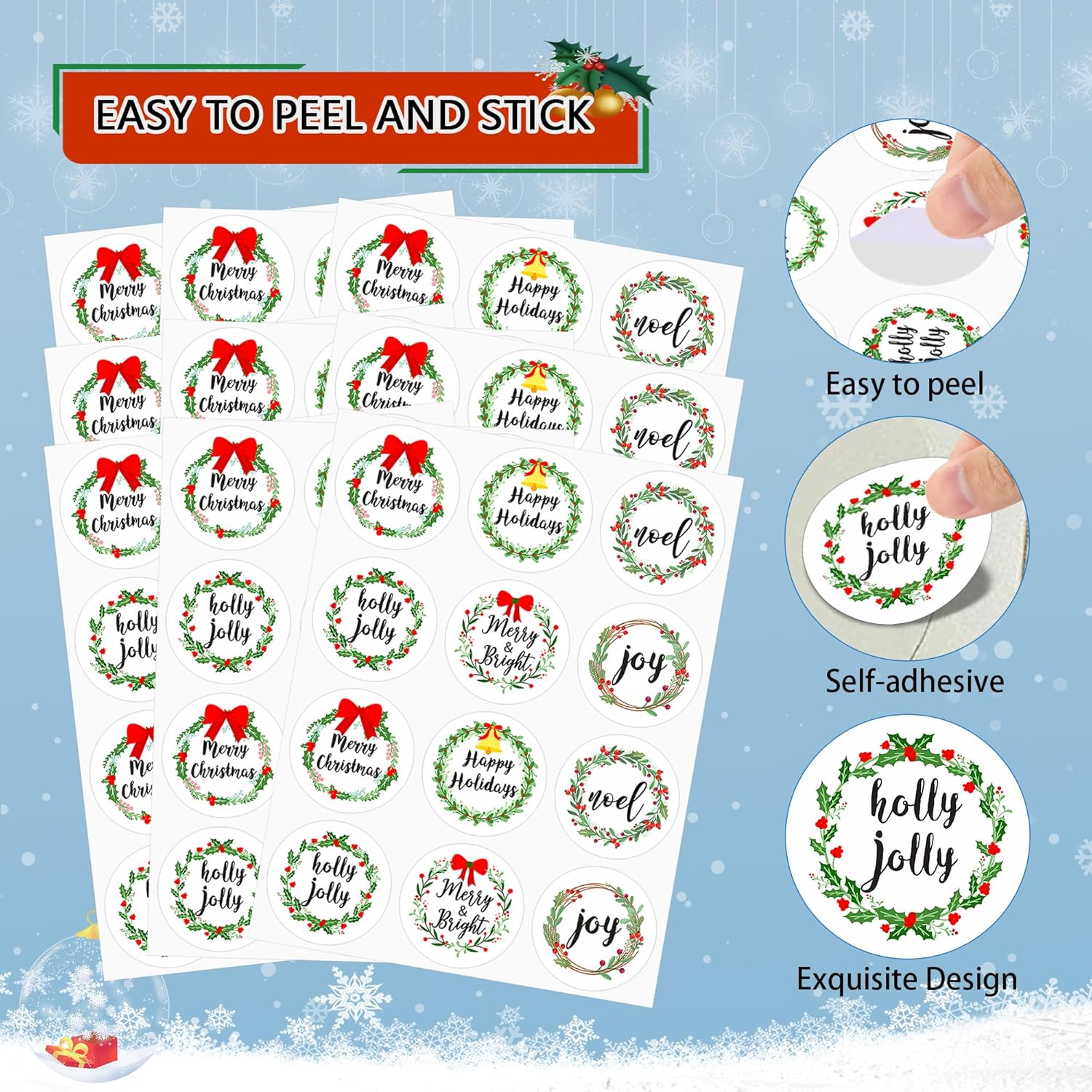 360Pcs Merry Christmas Wreaths Stickers For Envelopes, Round Christmas Stickers For Candy Goodie Envelope Card, Christmas Envelopes Seals Stickers Gift Present Wrapping Decorations