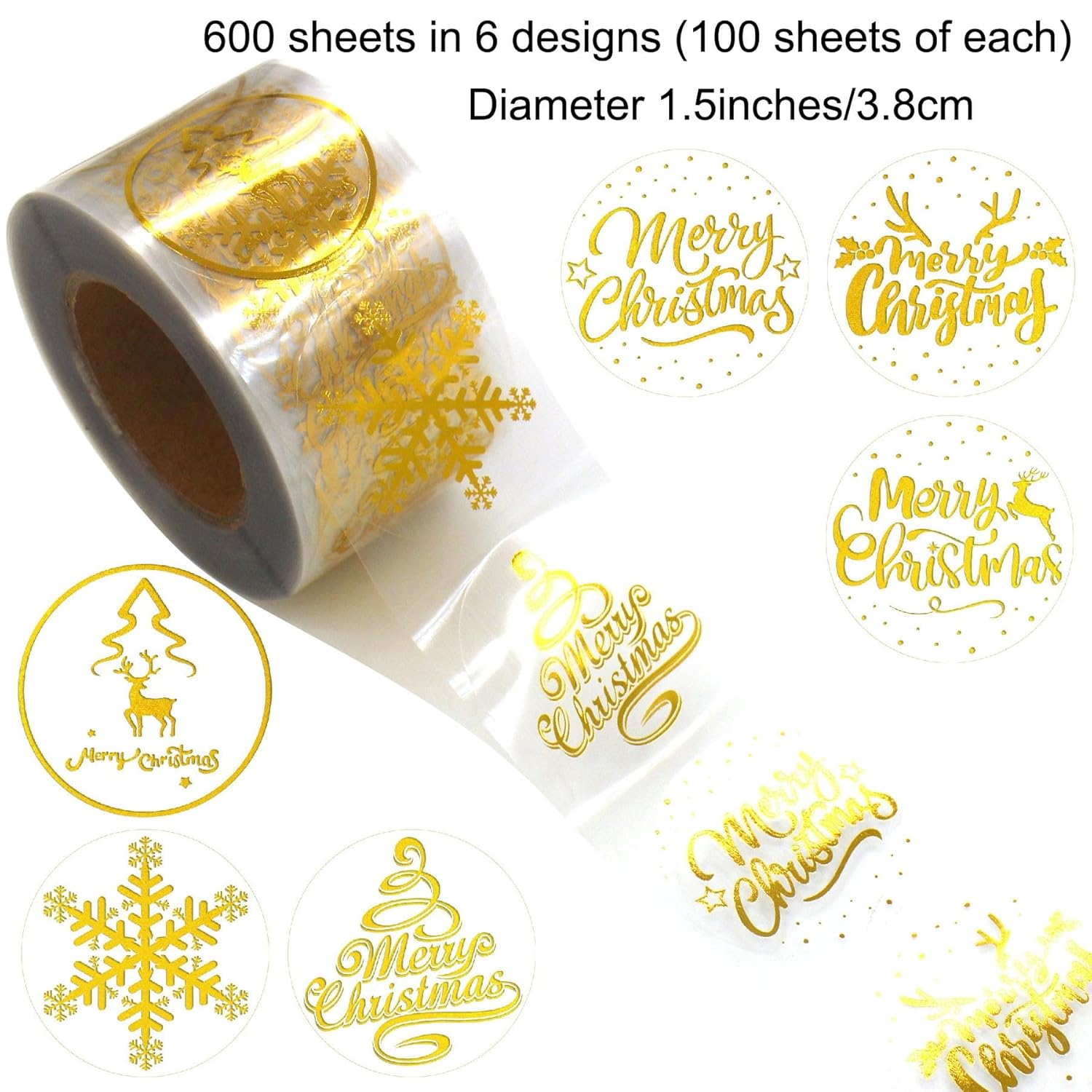 1.5 Inches/600 Christmas Stickers, 6 Clear Gold Foil Designs Merry Christmas Stickers Snowflake Stickers For Christmas Decorations Envelopes Cards Sealing Craft Decor