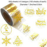 1.5 Inches/600 Christmas Stickers, 6 Clear Gold Foil Designs Merry Christmas Stickers Snowflake Stickers For Christmas Decorations Envelopes Cards Sealing Craft Decor