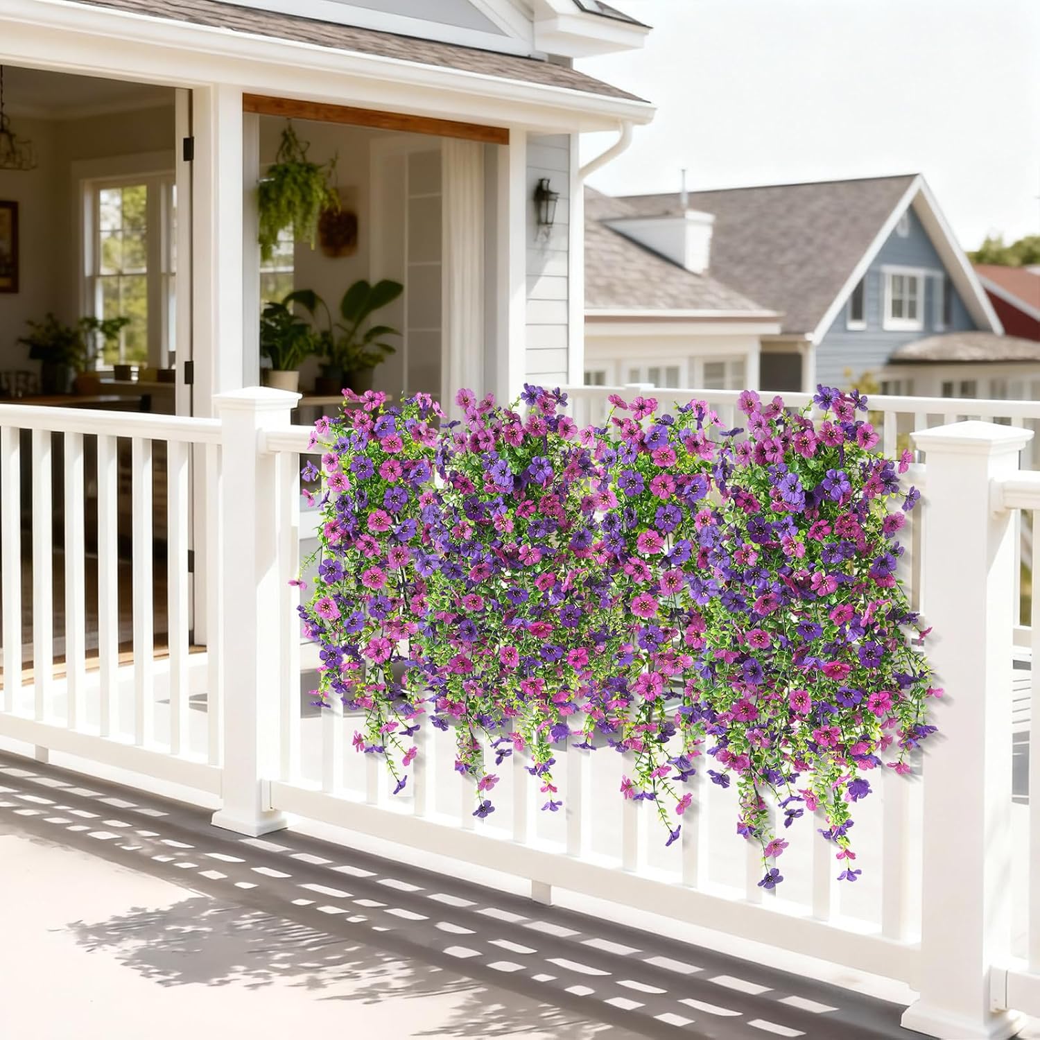 Artificial Hanging Flowers For Outdoor, 2Pcs Fake Flowers Faux Silk Daisy With Eucalyptus Leaves, Uv Resistant Aritificial Flowers For Spring Home Patio Yard Porch Decor (Double Purple)
