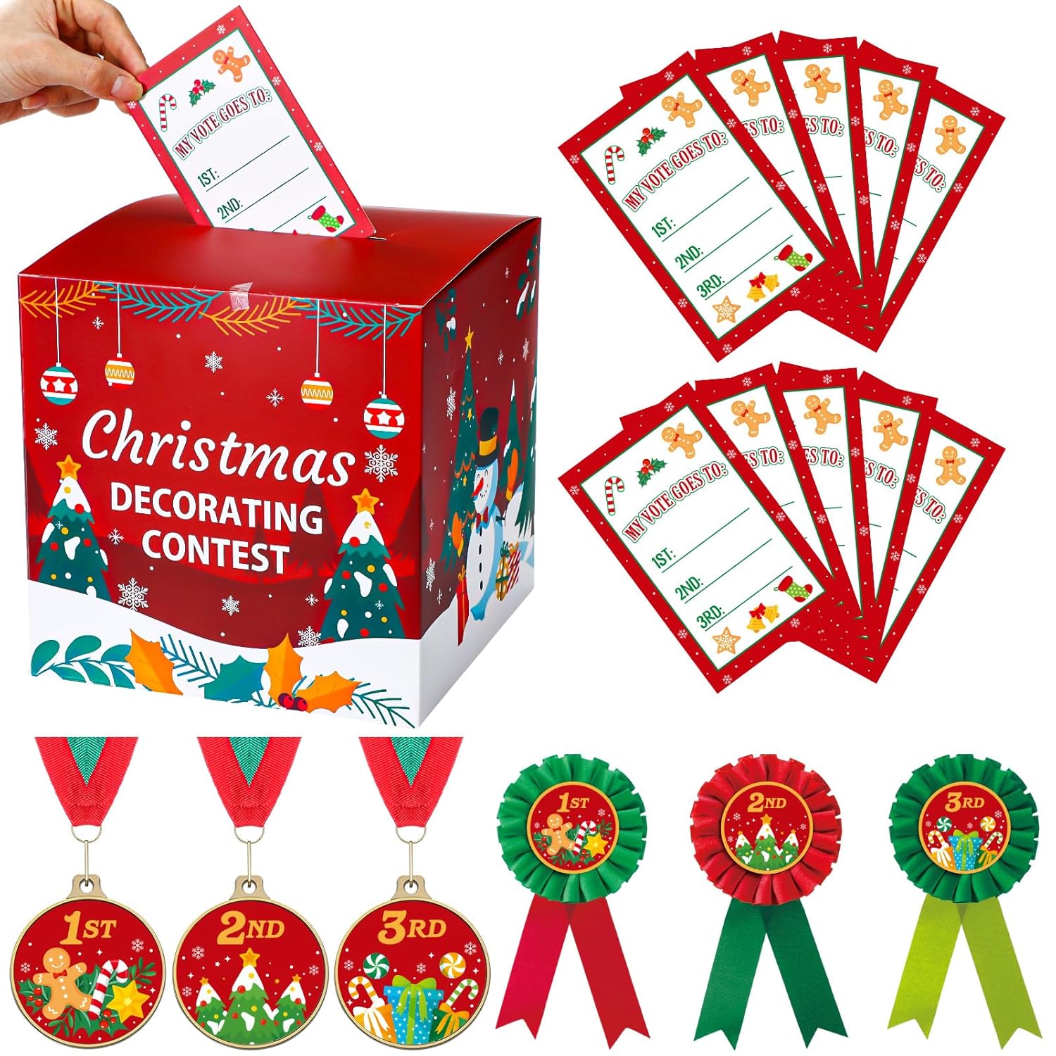 57 Pcs Christmas Decorating Contest Kit Includes 1 Voting Box 50 Ballot Cards 3 Christmas Decorating Ribbons And 3 Award Medals For Xmas Holiday Party Trophy Supplies