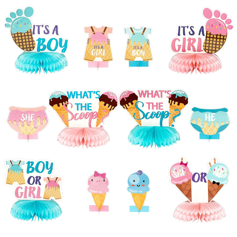 12Pcs Ice Cream Gender Reveal Honeycomb Centerpieces Table Topper Blue