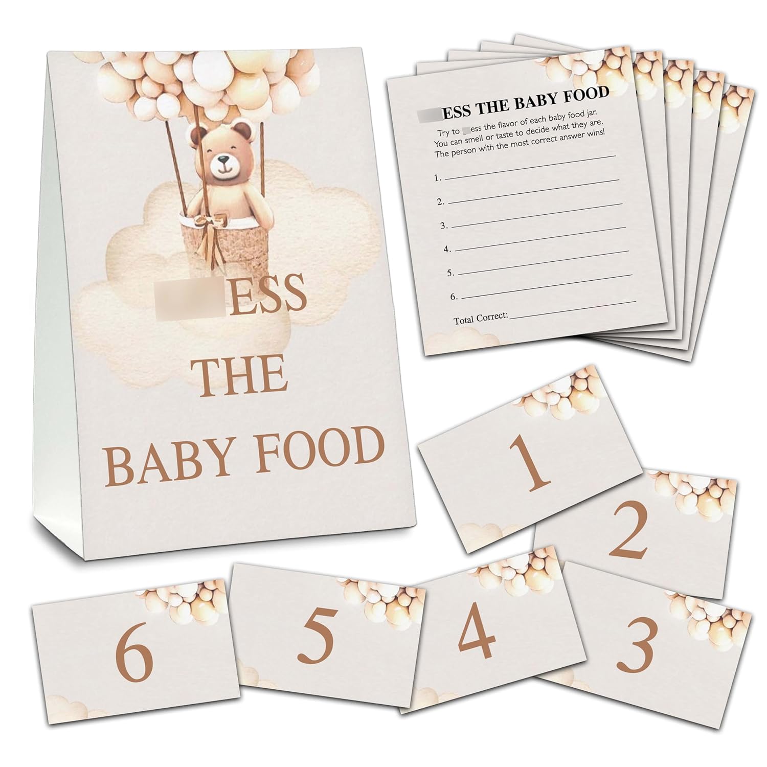 Guess The Baby Food Party Games, Boho Bear Balloon Baby Shower Game Set (1 Standing Sign + 20 Answer Cards + 6 Number Cards), Watercolor Brown Name The Baby Food Game, Baby Shower Favors