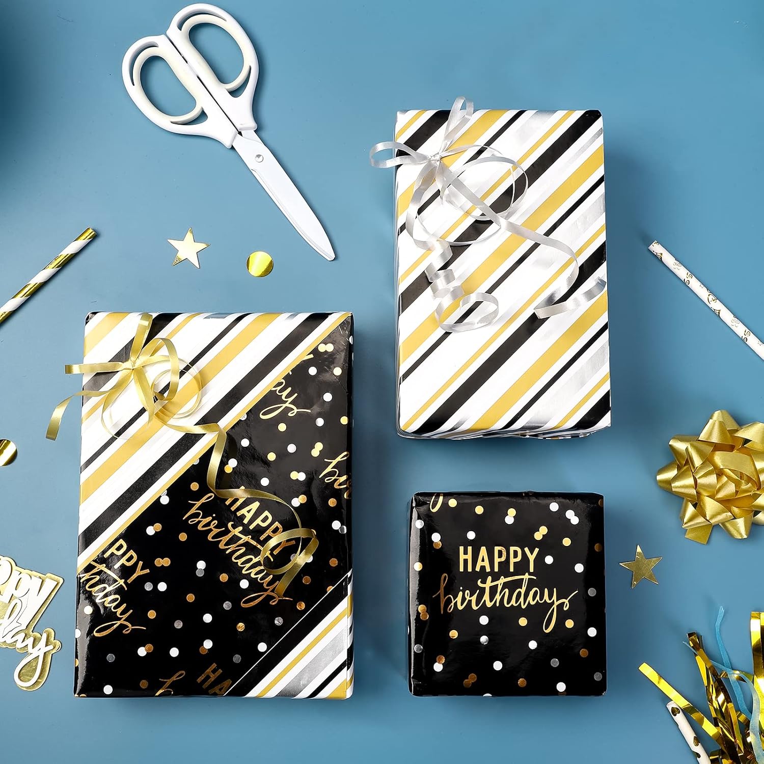 Reversible Black Birthday Wrapping Paper Roll For Boys Men, Happy Birthday Lettering & Stripe Pattern With Metallic Gold Foil In Black, Mini Roll, 17 Inches X 32.8 Feet (46.45 Sq.Ft.)