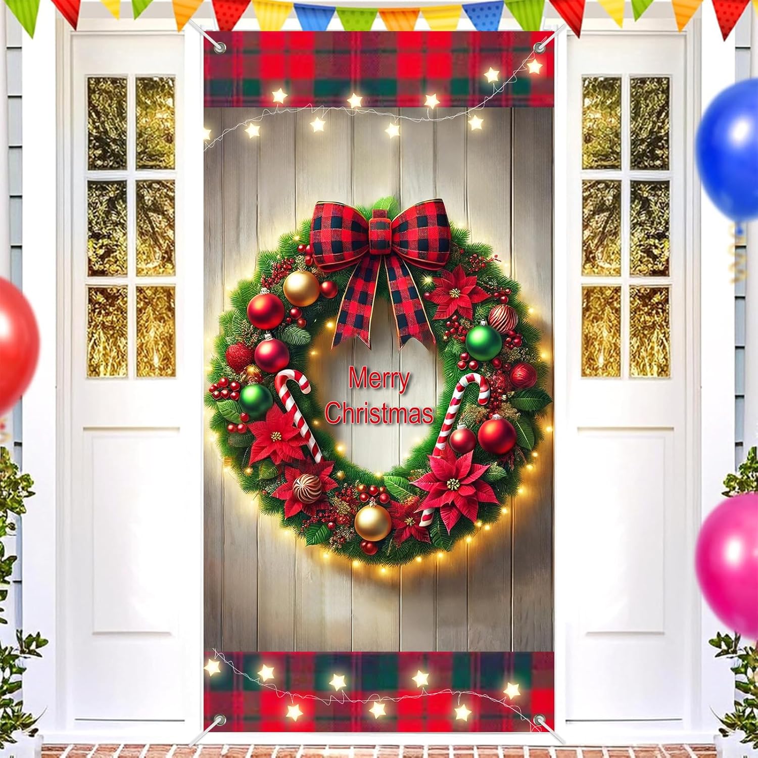 Plaid Christmas Door Banner 71X35 Inch Large Outdoor Holiday Decoration With Red Green Ornament Wreath Print And Buffalo Check Bow – Merry Christmas Backdrop For Porch Entryway Party