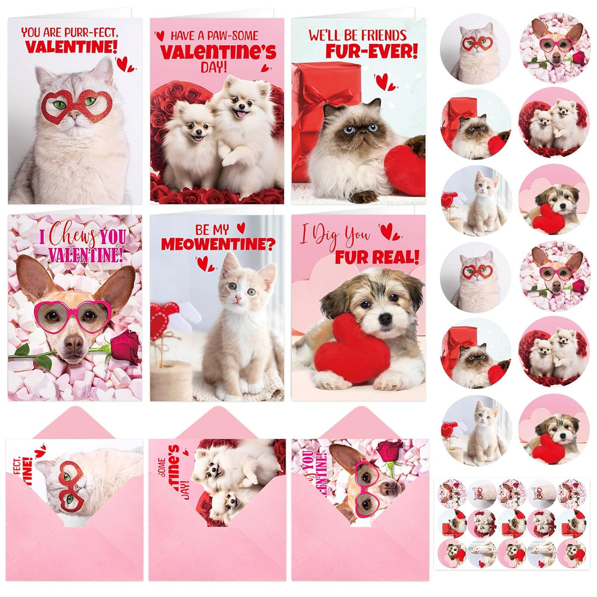 Treasure Cove Valentines Day Puppy Kitten Cards Dog Greeting Cards with Envelopes and Stickers for Kids Classroom Exchange Favors 12Pcs