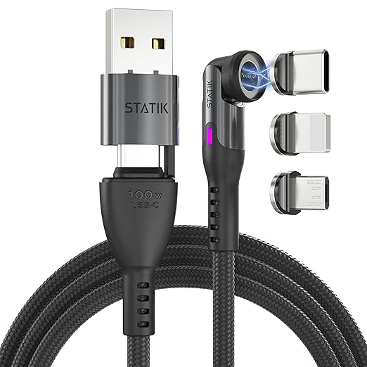 10FT 100W 3 in 1 Magnetic Charging Cable USB C Micro USB Lightning Tips Black