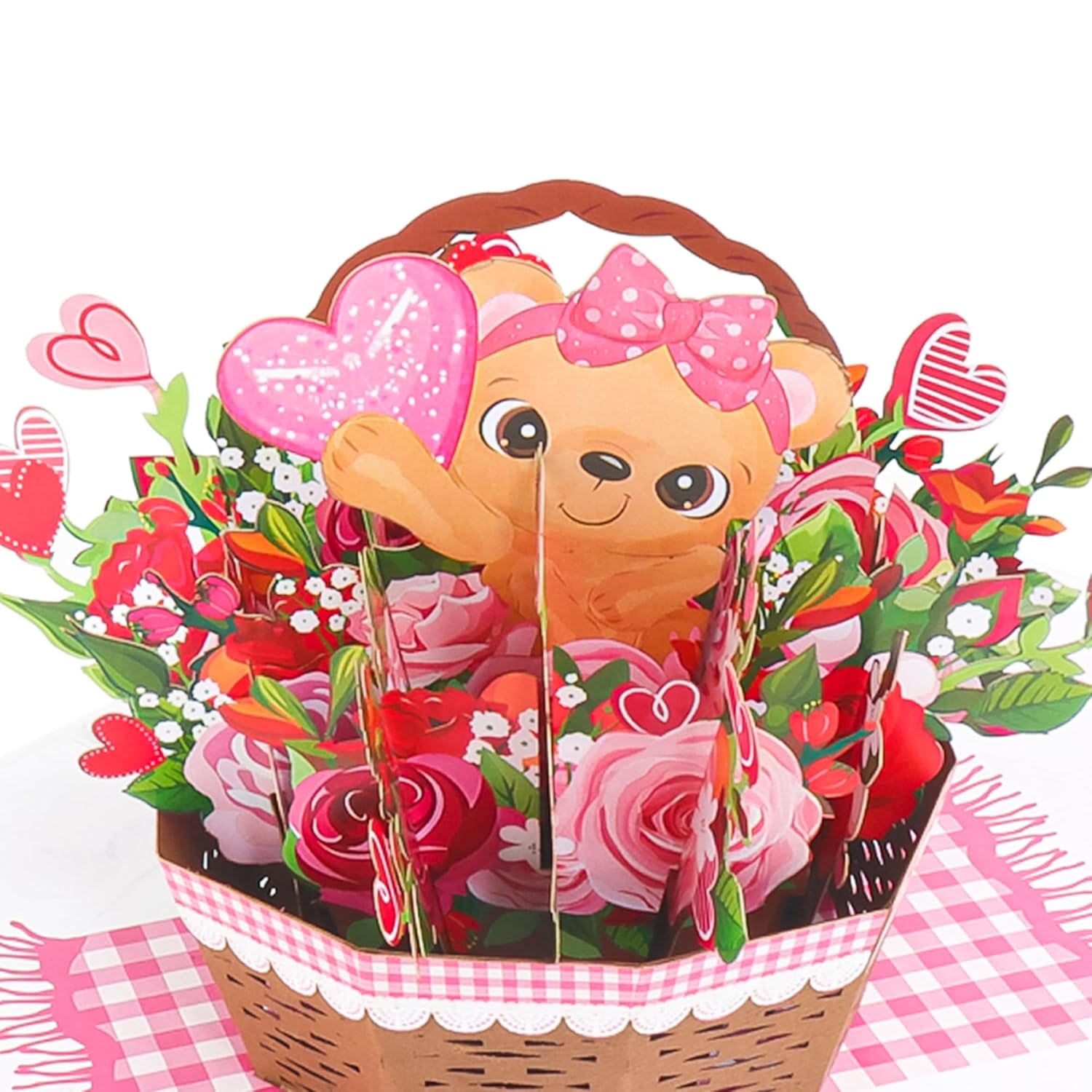 Love Teddy Bear Flower’S Basket Pop Up Card - 5X7 Inches Birthday Greeting Card, 3D Popup Bear Design - Attractive & Adorable Perfect For Animal Lover - Valentines Gift For Girls And Boys