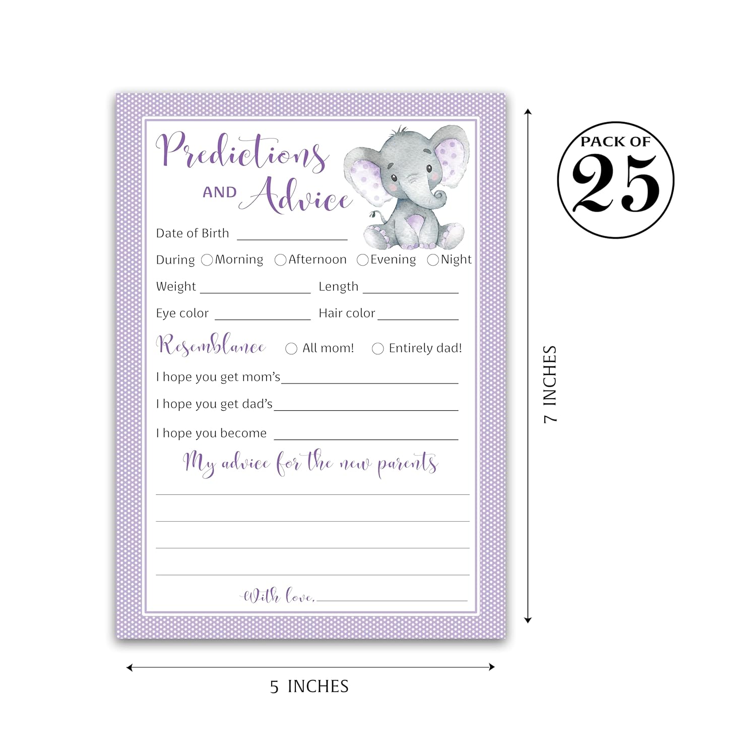 Purple Elephant Prediction And Advice Cards - Pack Of 25 - Girl Boy Baby Shower Games, New Parents, Mom & Dad To Be, Mommy & Daddy Message, Couples Coed Shower Activity Keepsake Book G503-Pdav