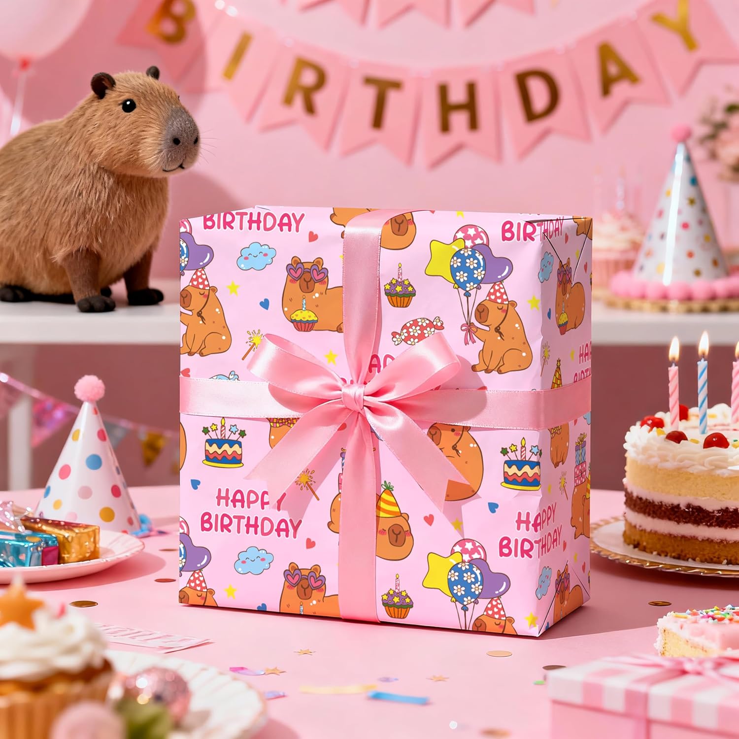 Pink Capybara Birthday Wrapping Paper Roll, Cartoon Capybara With Gifts, Balloons Cake Design For Kids Birthday Parties & Gift Wrapping, Mini Roll 17 In X 16.4 Feet