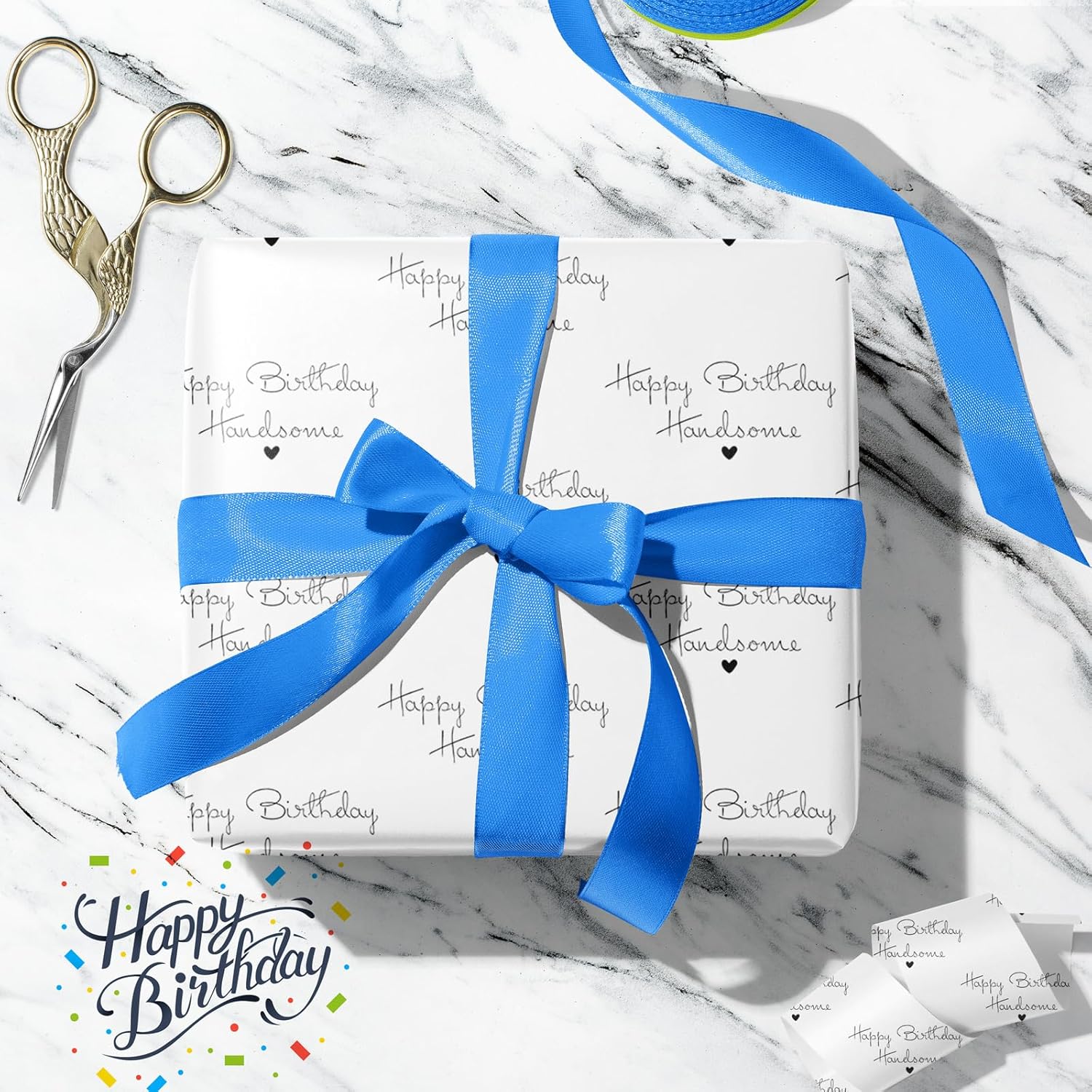 Birthday Wrapping Paper For Men - Happy Birthday Handsome Design For Special Friend, Husband, Boyfriend - 17 Inches X 16.5 Feet, Cut Lines On Back