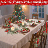 6 Pack Flocked Mini Christmas Wreath Candle Rings – 9"X3.5" Snowy Cypress Wreaths With 20 Branches 21 Red Berries & 3 Pinecones, Small Xmas Candle Wreath Decor For Cabinet Table Centerpiece Holiday