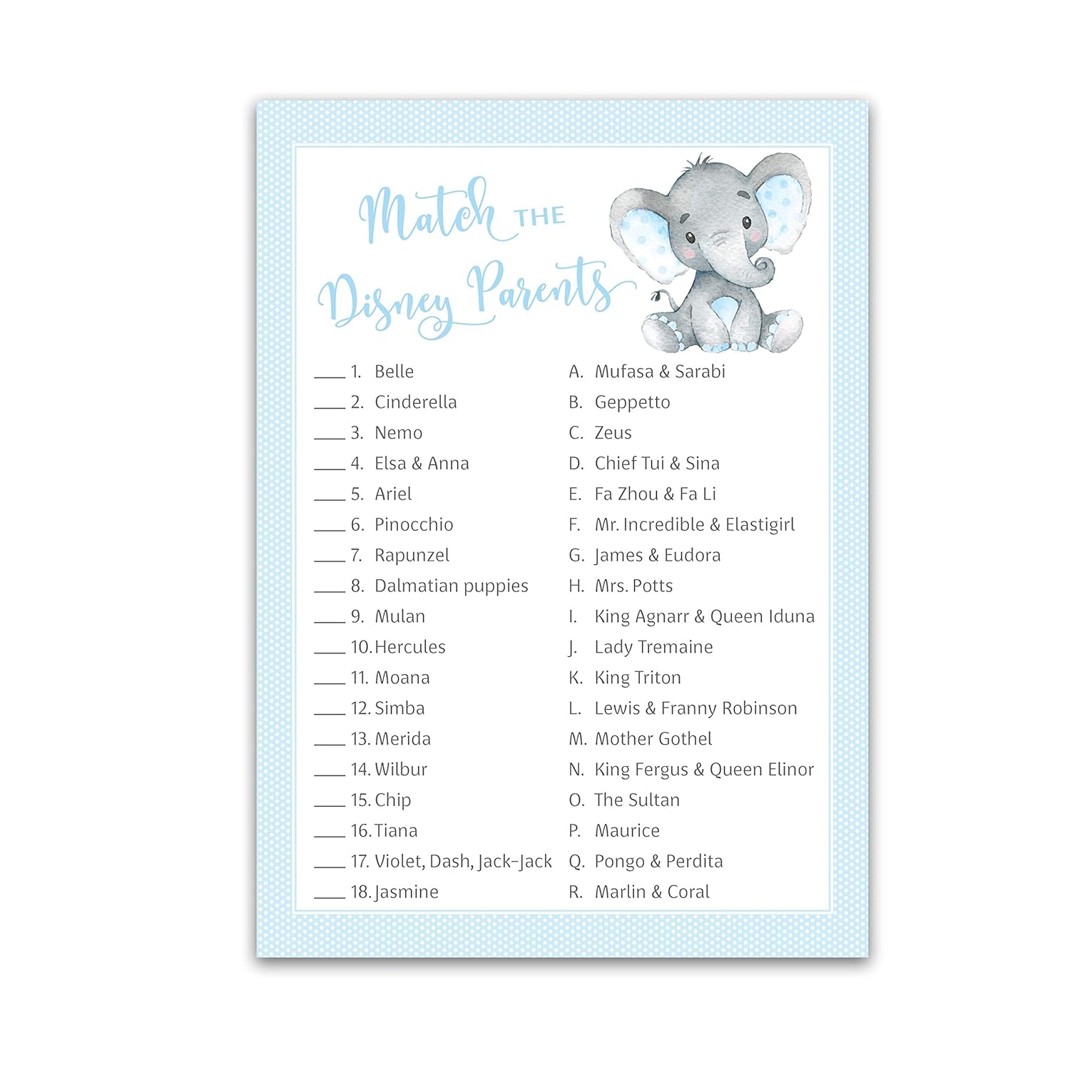 Boy Baby Shower Game — Cartoon Parent Match Baby Shower Games — Pack Of 25 — Blue Elephant Shower Activity, Match Famous Disney Parents, Famous Star Kids Match Game G501-Dpm