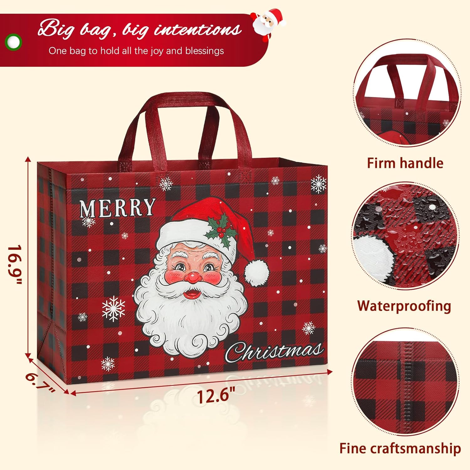 12 Pack 17" Extra Large Christmas Gift Bags, Reusable Non-Woven Christmas Tote Bags With Handles, Perfect For Xmas Gift Wrap/Party Favor Supplies, 16.9" × 12.6" × 6.8"