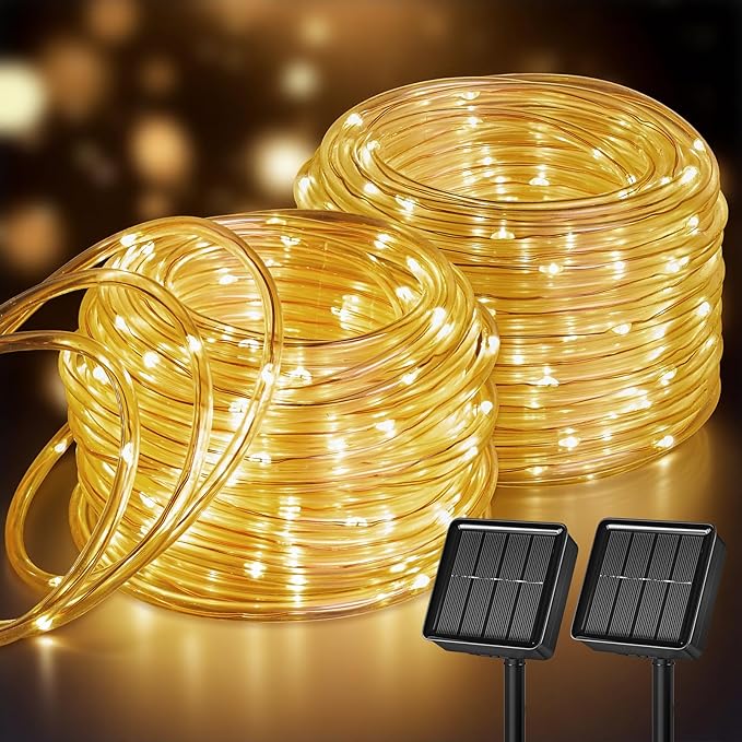 2 Pack Solar Rope Lights 78FT 200 LED Warm White Waterproof Outdoor Fairy String Lights with 8 Modes