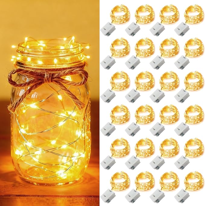 24 Pack Battery Operated Fairy Lights 7FT 20 LED Warm White Mini String Lights 3 Modes Waterproof for Mason Jars Wedding Decor