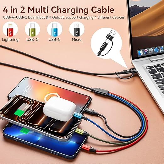 2 Pack 6FT 4 in 2 Multi Charging Cable with USB C Lightning Micro USB for iPhone Android iPad