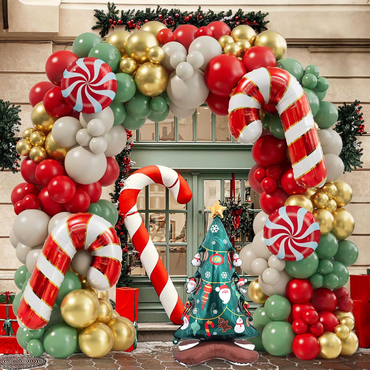Christmas Balloon Garland Arch Kit 168Pcs Red Sage Green Gold White Sand Balloons Candy Balloon Cand Cane Balloons For Christmas Party Decorations Supplies